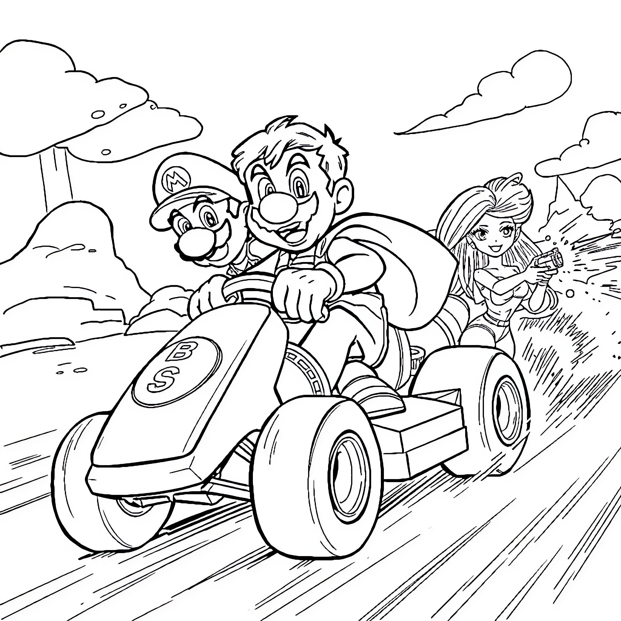 Super Mario Racing with Princess on Kart Coloring Page (free black-and-white line drawing printable PDF for all, from beginners to advanced learners, including children, teens, adults, and seniors)