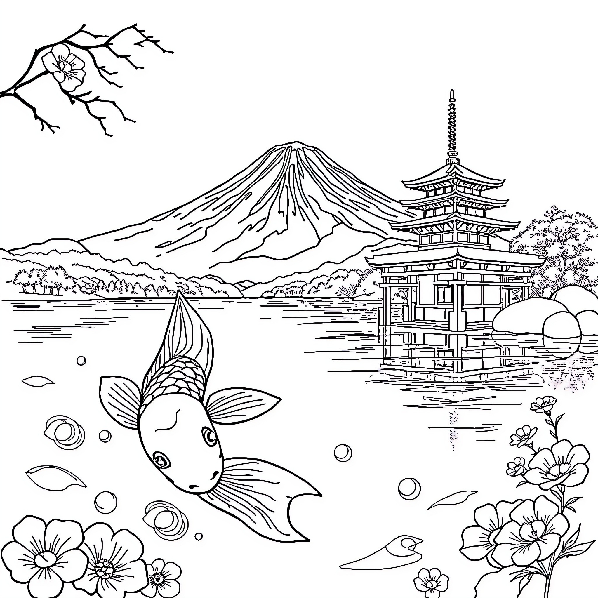 Koi pond with pagoda and Mount Fuji Coloring Page (free black-and-white line drawing printable PDF for all, from beginners to advanced learners, including children, teens, adults, and seniors)