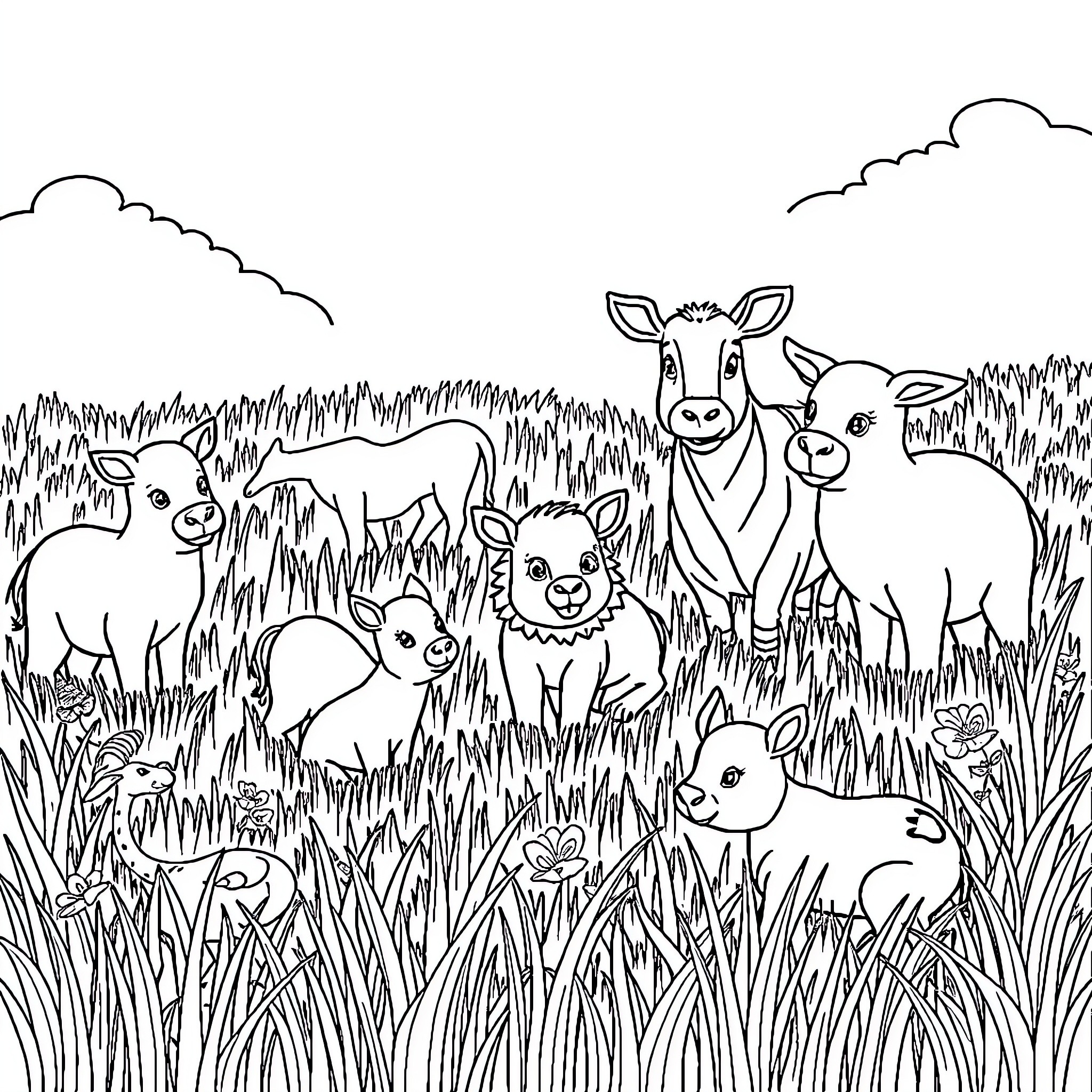 Animal Scene with Playful Creatures in Meadow Coloring Page (free black-and-white line drawing printable PDF for all, from beginners to advanced learners, including children, teens, adults, and seniors)