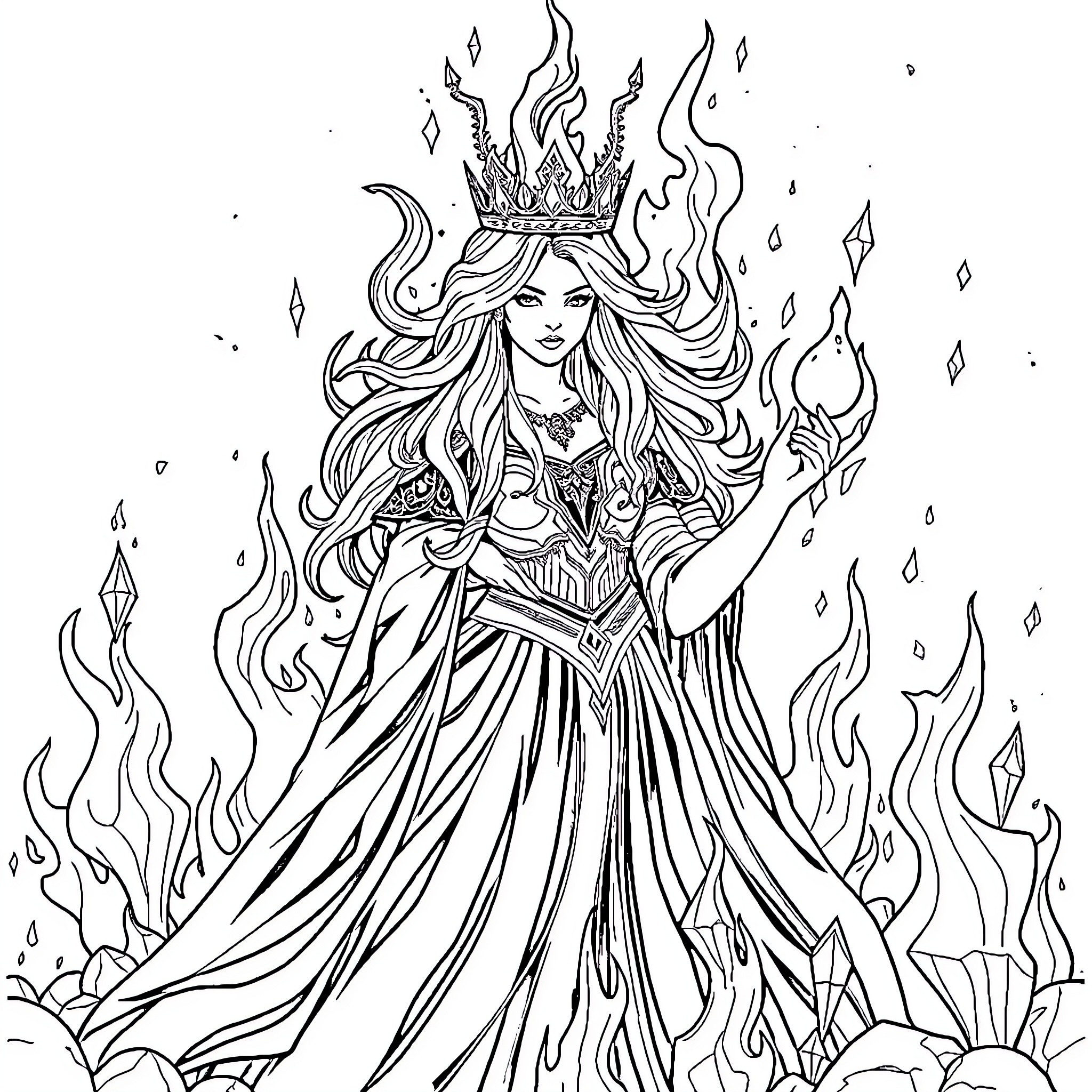 Queen of Flames in Majestic Regalia Coloring Page (free black-and-white line drawing printable PDF for all, from beginners to advanced learners, including children, teens, adults, and seniors)