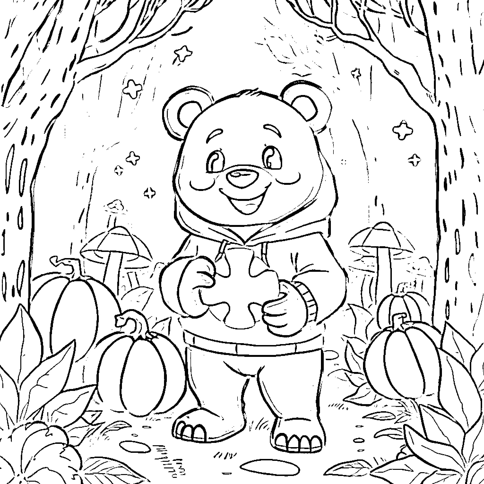 Bear exploring a whimsical forest with mushrooms Coloring Page (free black-and-white line drawing printable PDF for all, from beginners to advanced learners, including children, teens, adults, and seniors)