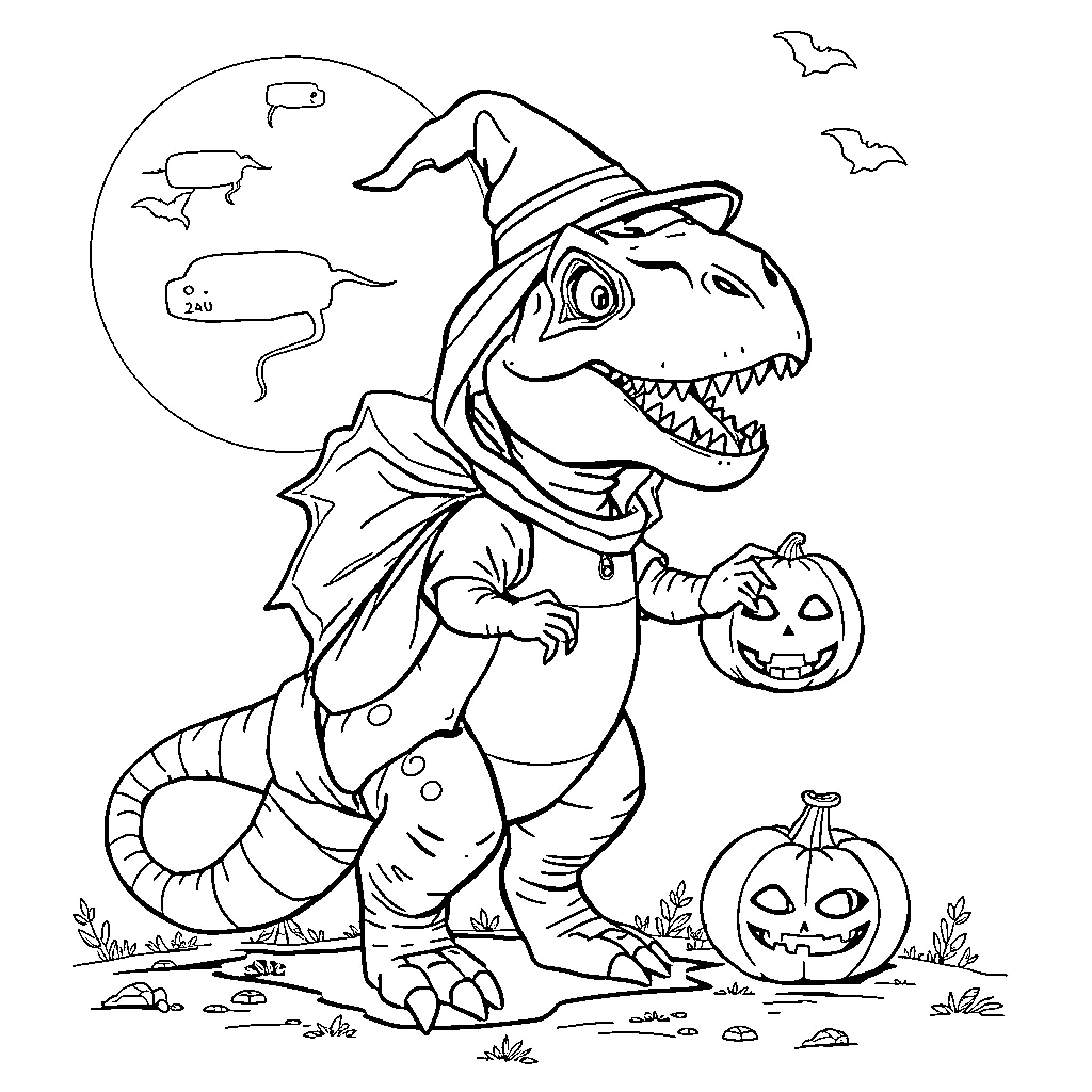 Dinosaur in Halloween costume with pumpkins Coloring Page (free black-and-white line drawing printable PDF for all, from beginners to advanced learners, including children, teens, adults, and seniors)