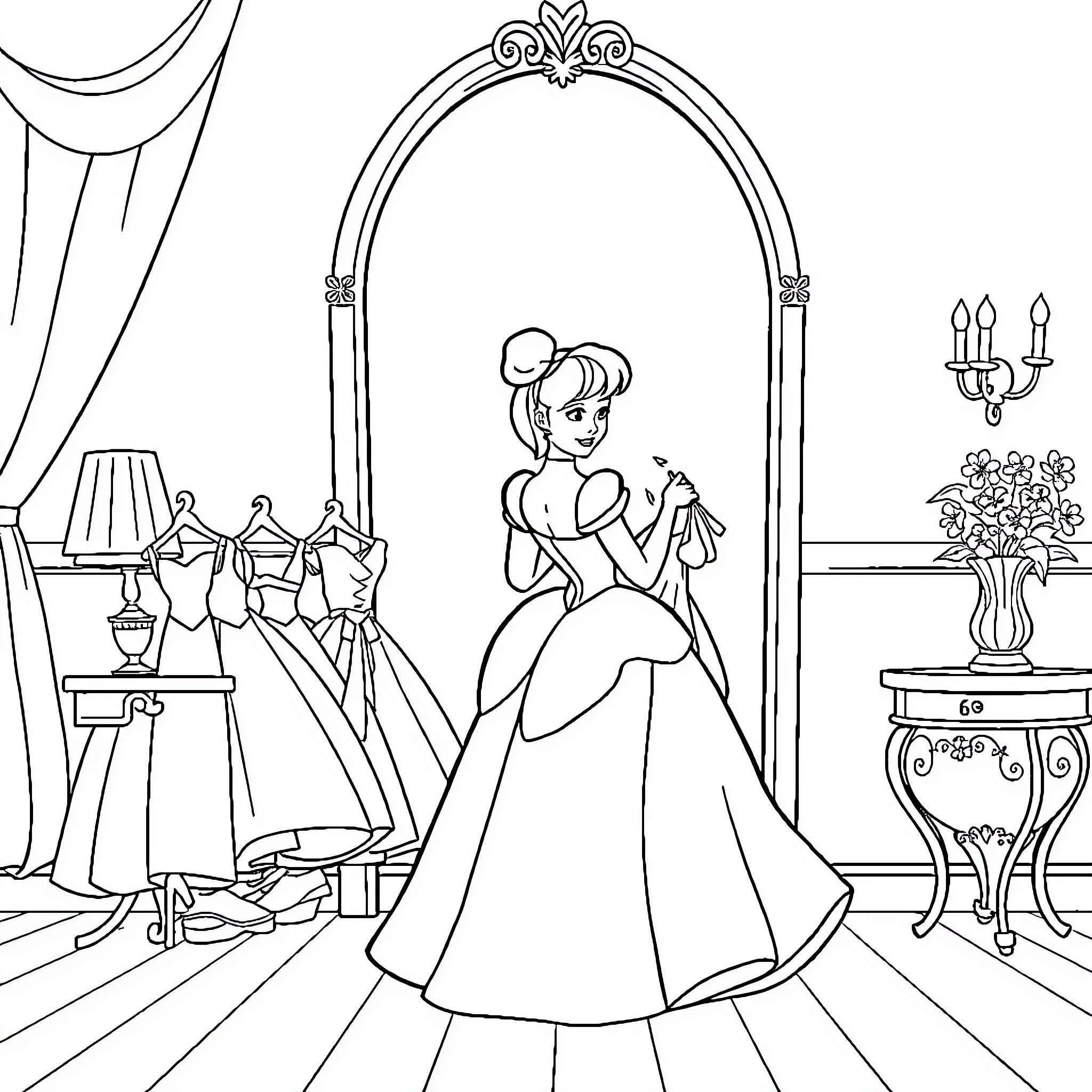 Cinderella preparing for the royal ball Coloring Page (free black-and-white line drawing printable PDF for all, from beginners to advanced learners, including children, teens, adults, and seniors)