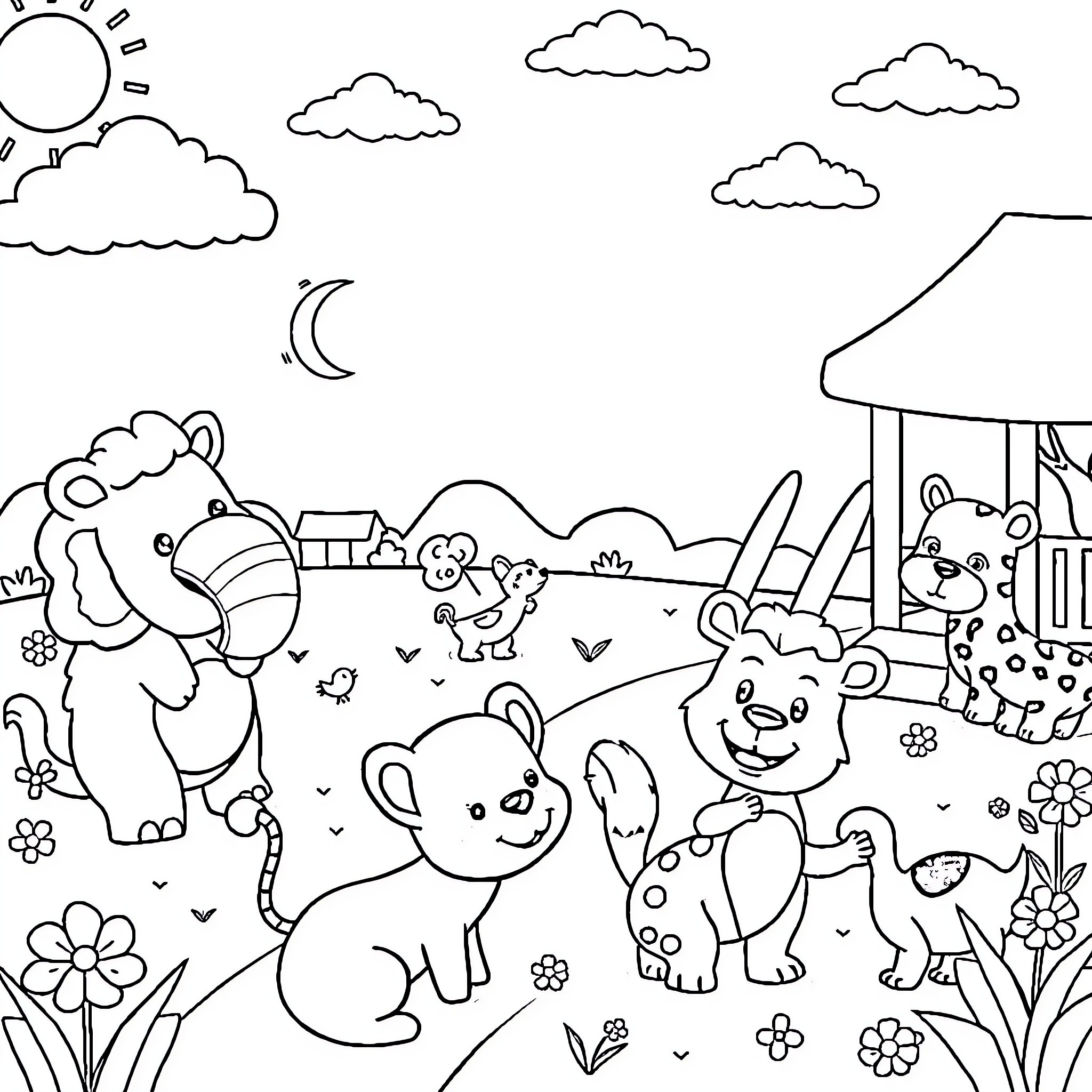 Animal friends enjoying nature in the countryside Coloring Page (free black-and-white line drawing printable PDF for all, from beginners to advanced learners, including children, teens, adults, and seniors)