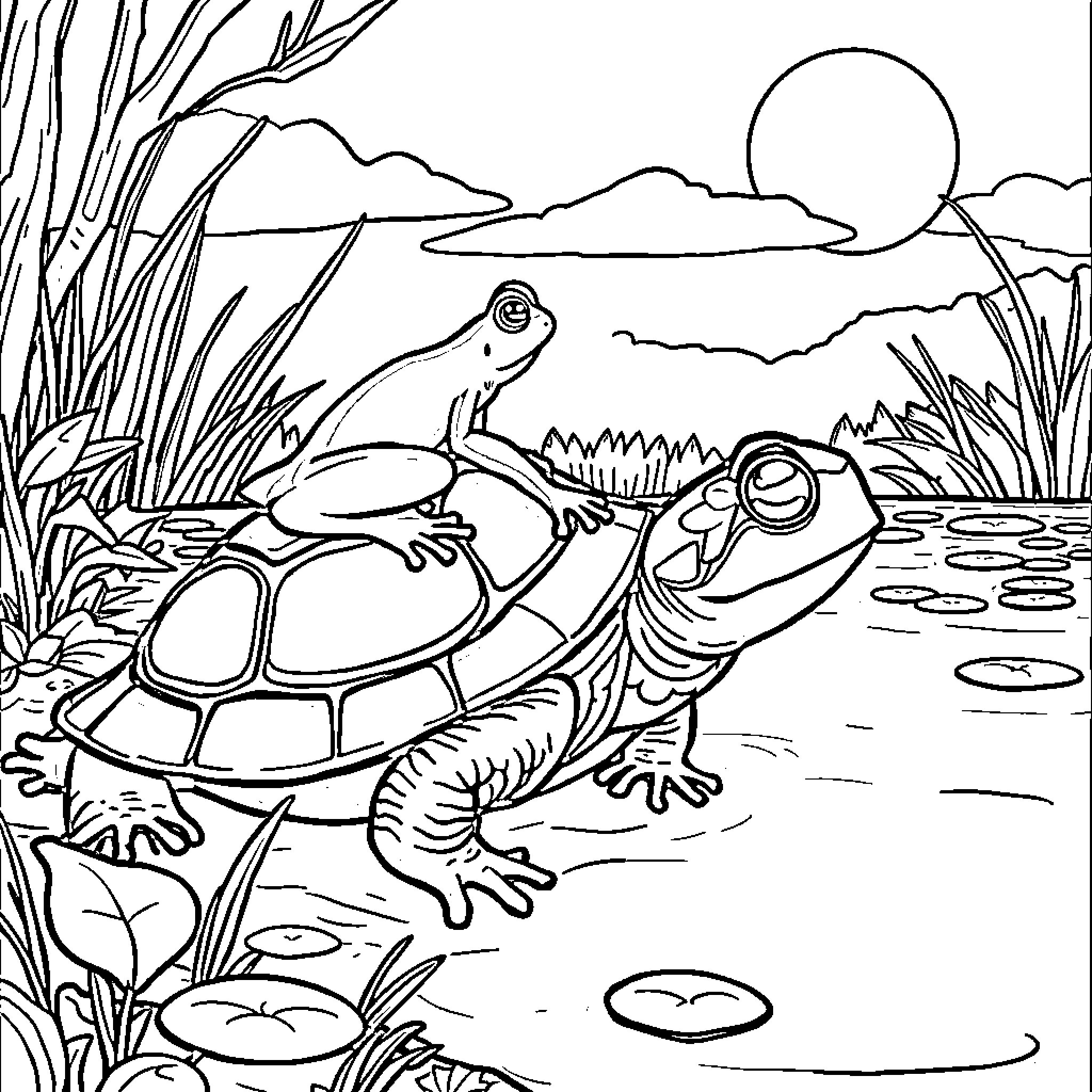 Frogs enjoying tranquil pond scene at night Coloring Page (free black-and-white line drawing printable PDF for all, from beginners to advanced learners, including children, teens, adults, and seniors)