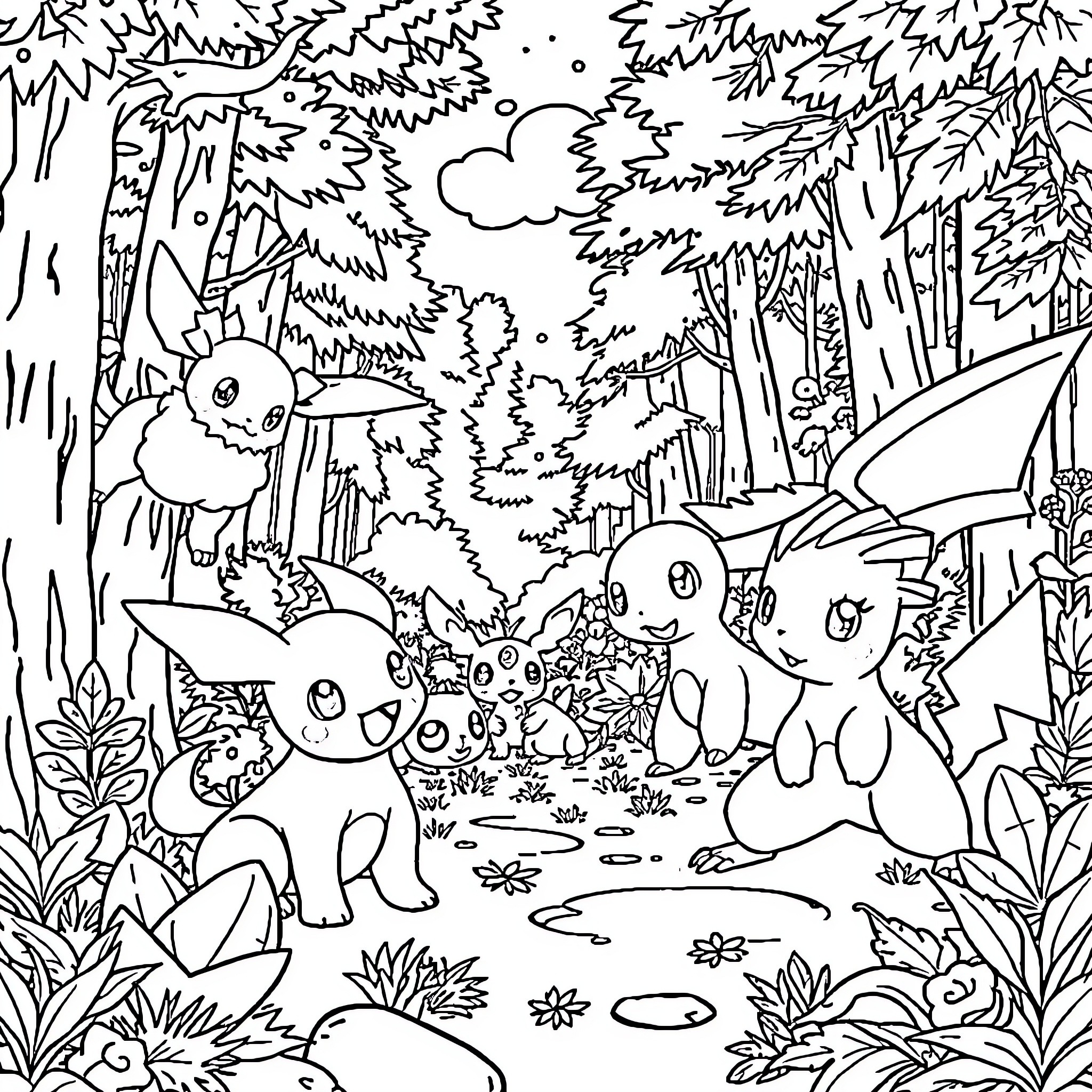 Pokémon gathering in the lush forest Coloring Page (free black-and-white line drawing printable PDF for all, from beginners to advanced learners, including children, teens, adults, and seniors)