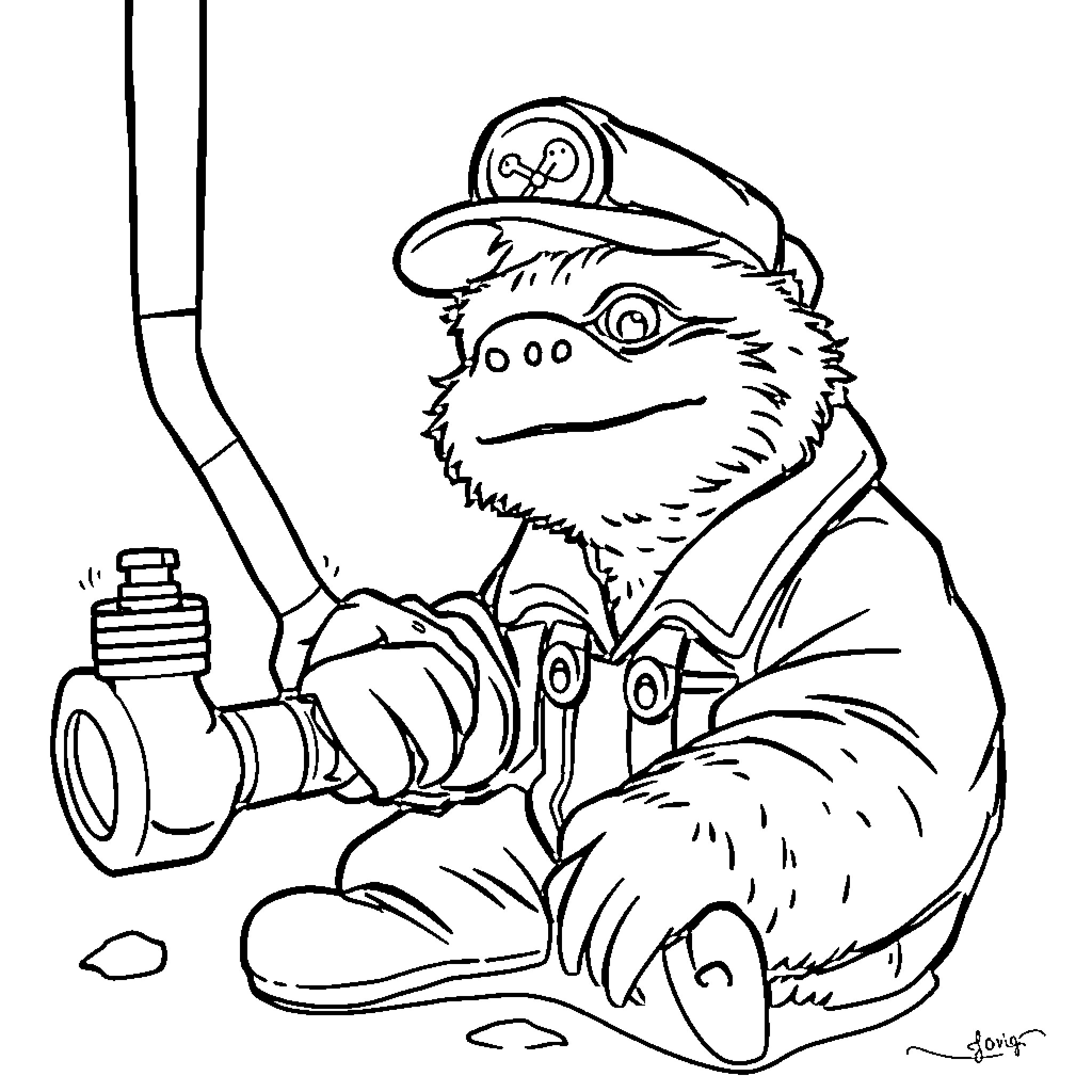 Sloth in Uniform Smoking Pipe Coloring Page (free black-and-white line drawing printable PDF for all, from beginners to advanced learners, including children, teens, adults, and seniors)