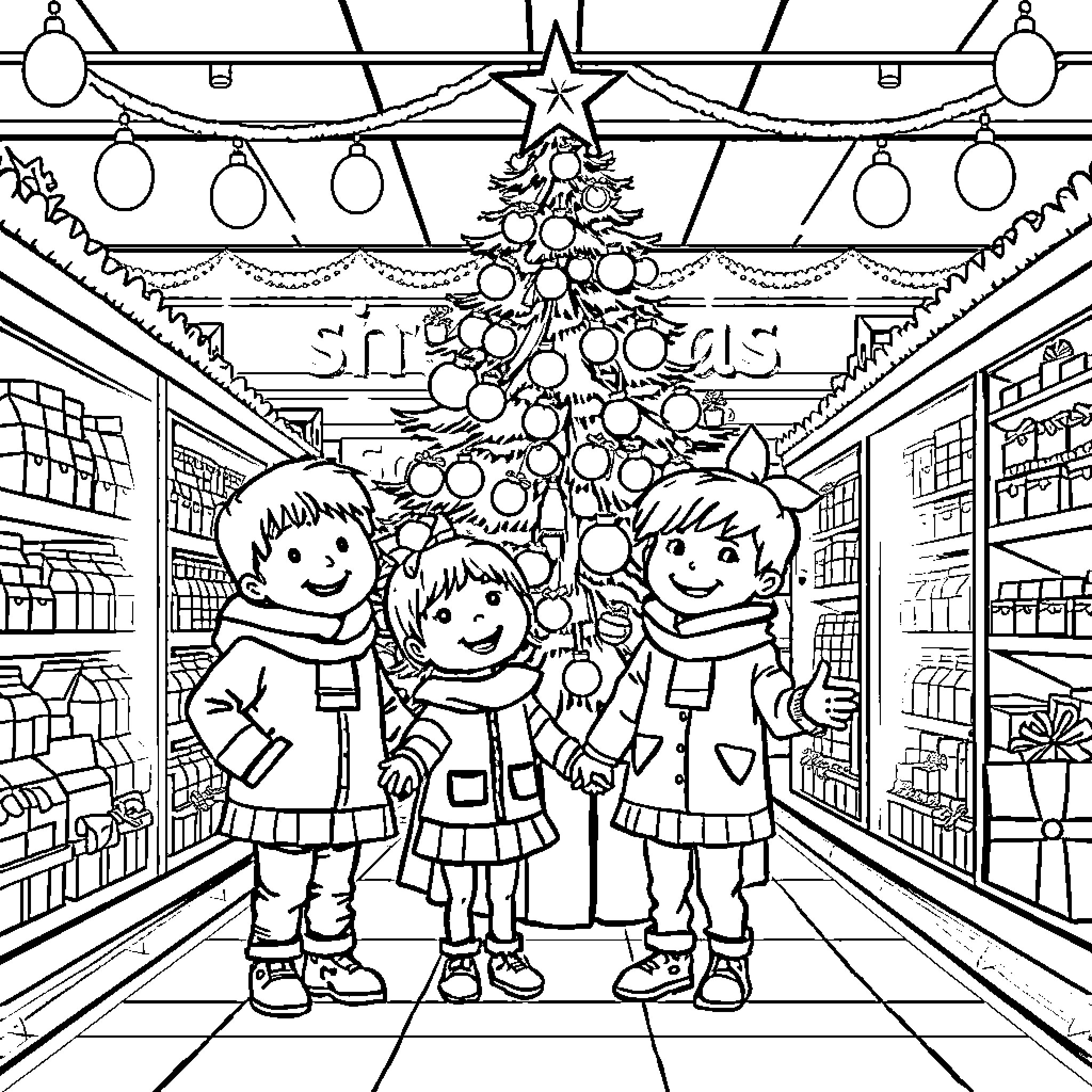 Children exploring festive store at holiday time Coloring Page (free black-and-white line drawing printable PDF for all, from beginners to advanced learners, including children, teens, adults, and seniors)