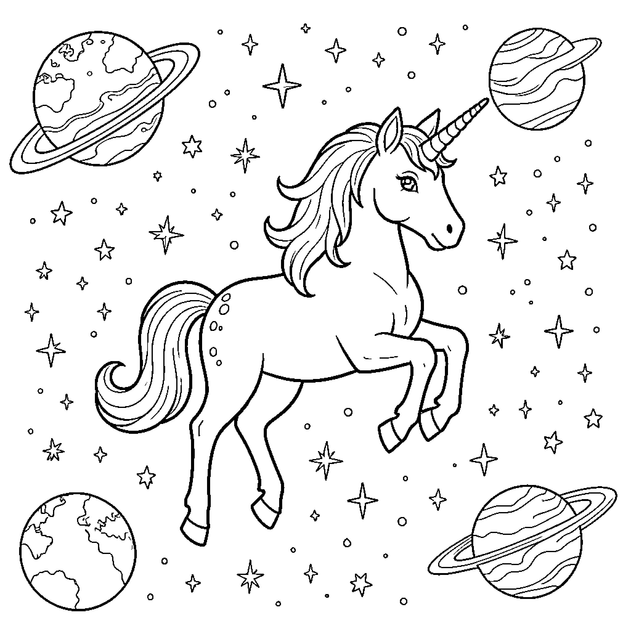 Unicorn leaping joyfully through a starry galaxy Coloring Page (free black-and-white line drawing printable PDF for all, from beginners to advanced learners, including children, teens, adults, and seniors)