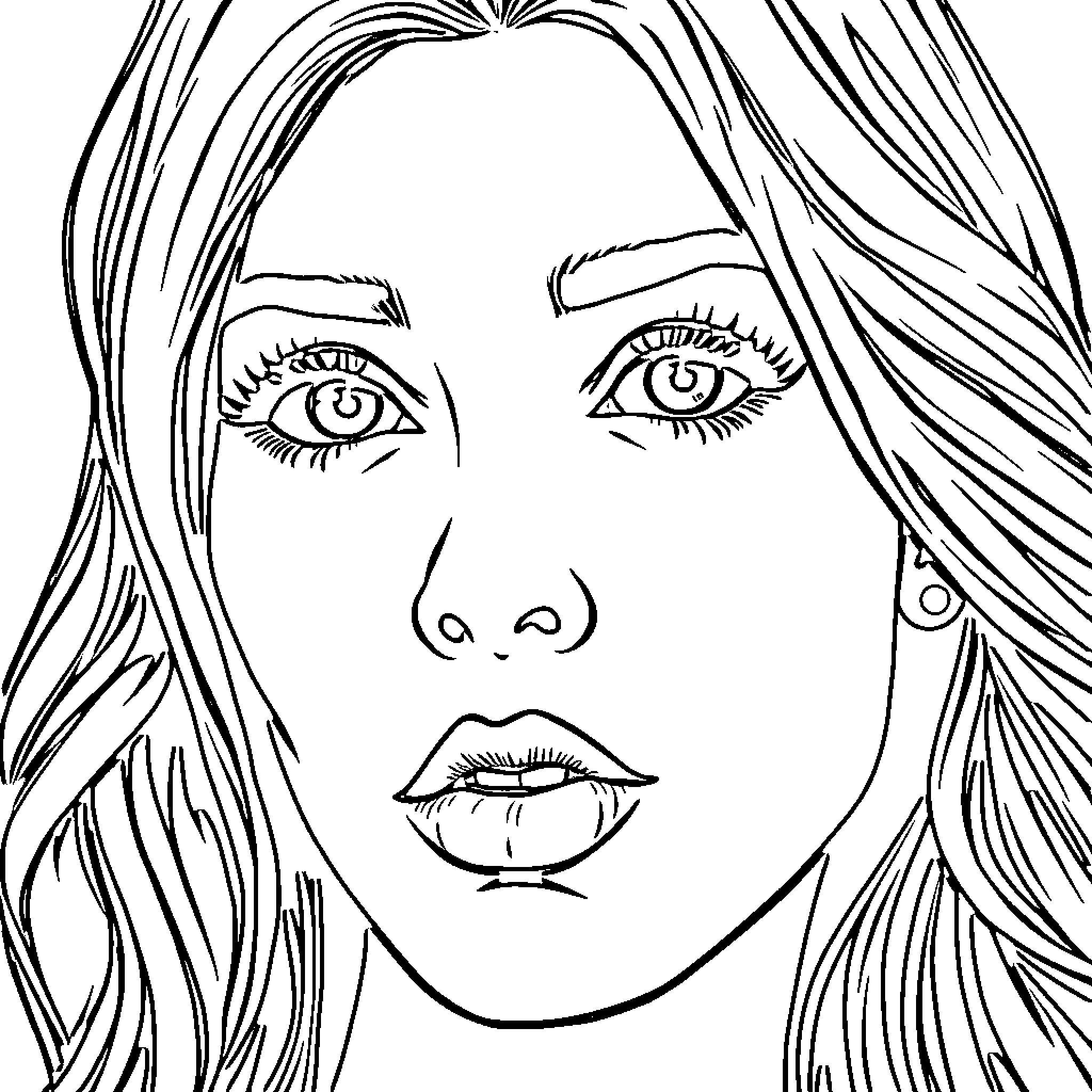 Woman with expressive facial features Coloring Page (free black-and-white line drawing printable PDF for all, from beginners to advanced learners, including children, teens, adults, and seniors)