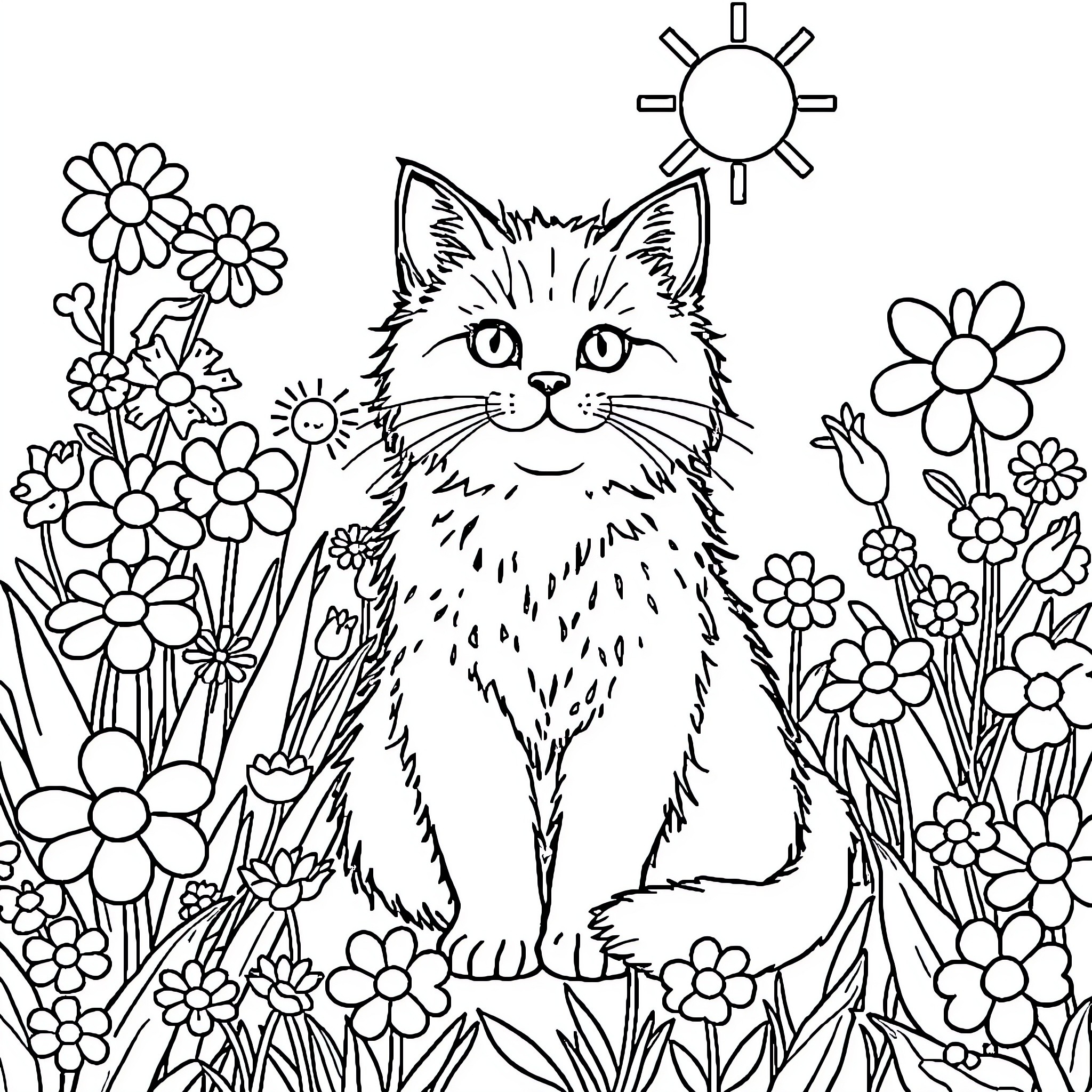 Cat surrounded by colorful flowers in a garden Coloring Page (free black-and-white line drawing printable PDF for all, from beginners to advanced learners, including children, teens, adults, and seniors)