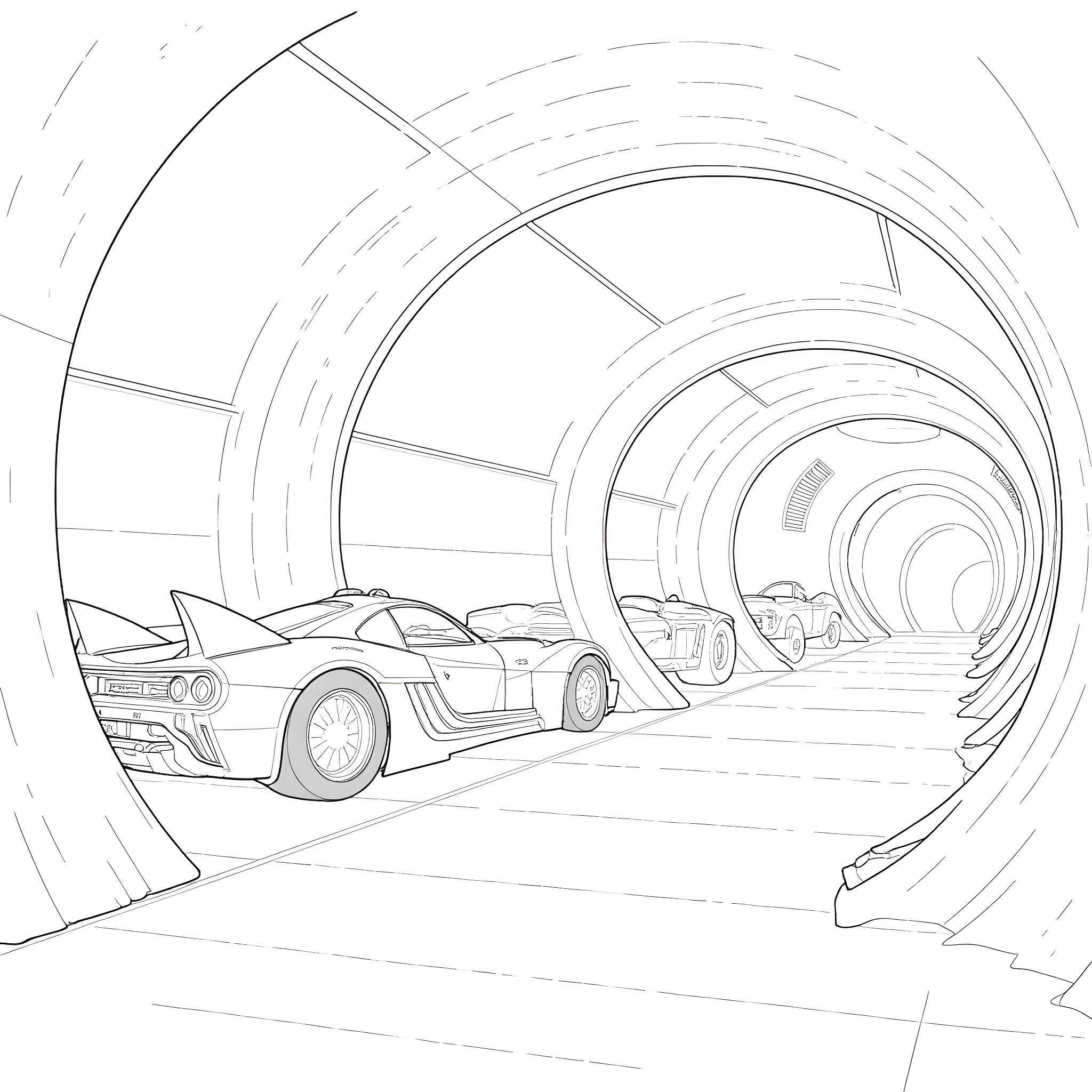 Batcave with futuristic vehicles and arched tunnel Coloring Page (free black-and-white line drawing printable PDF for all, from beginners to advanced learners, including children, teens, adults, and seniors)