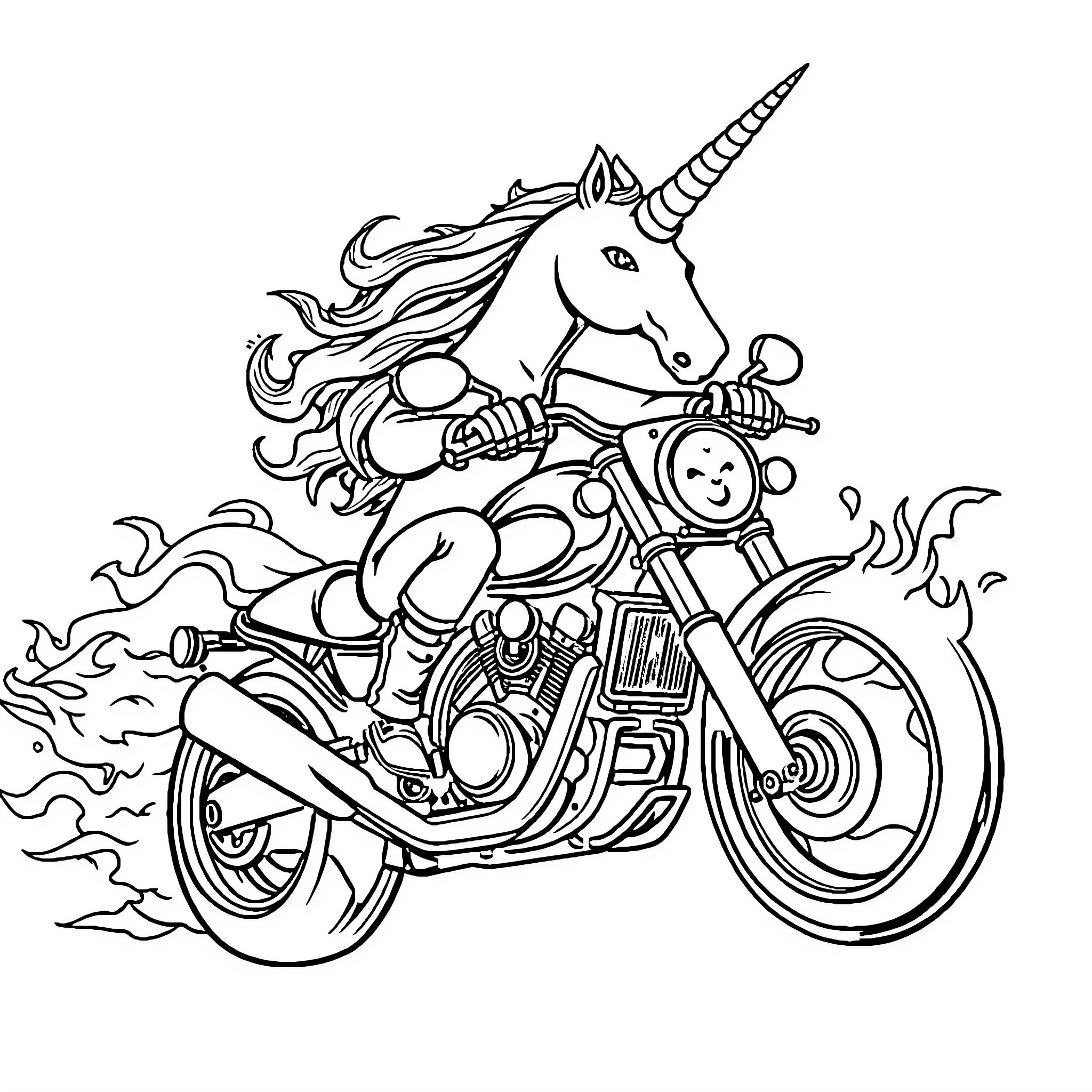 Unicorn riding a flaming motorcycle Coloring Page (free black-and-white line drawing printable PDF for all, from beginners to advanced learners, including children, teens, adults, and seniors)