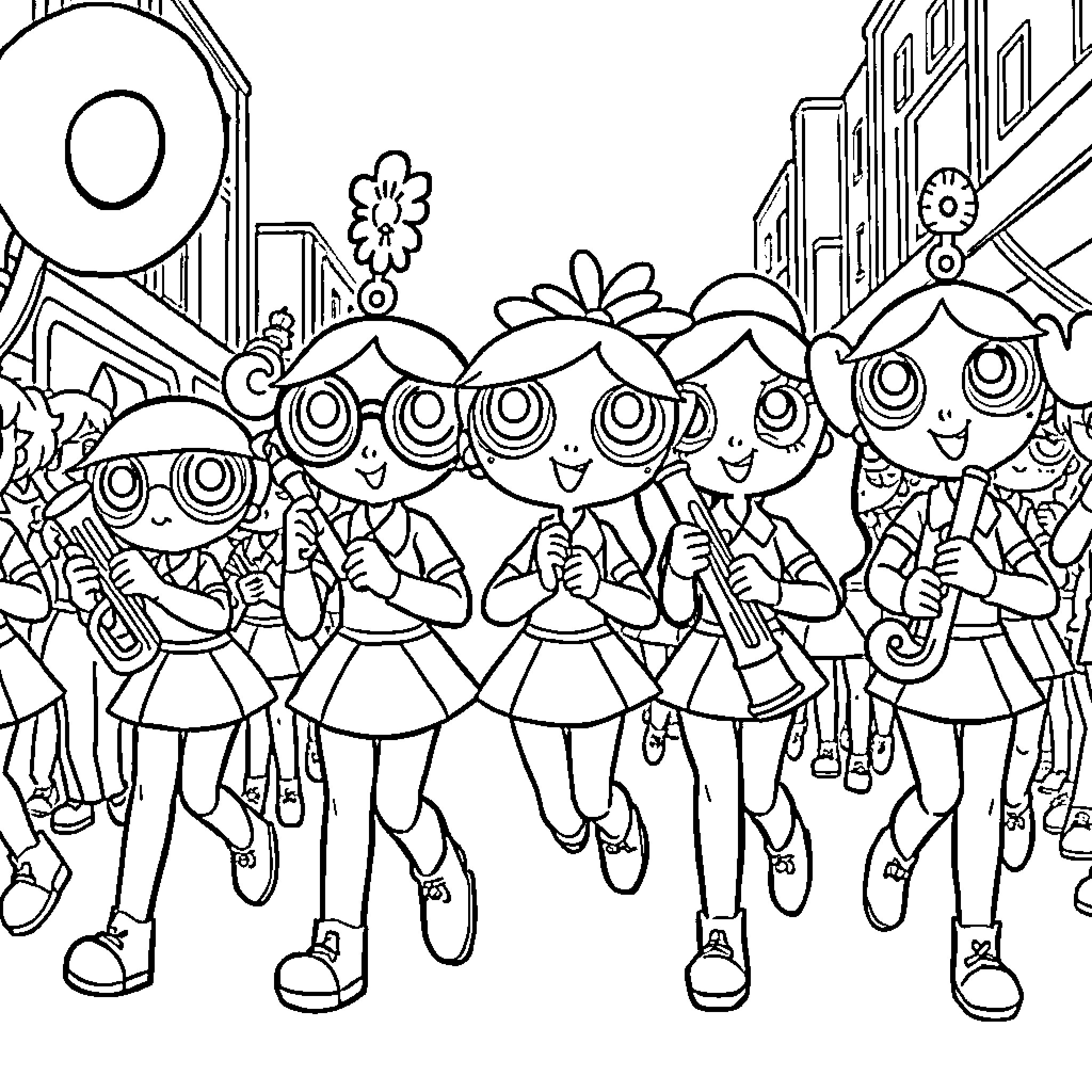 Powerpuff Girls Marching in a Parade Coloring Page (free black-and-white line drawing printable PDF for all, from beginners to advanced learners, including children, teens, adults, and seniors)