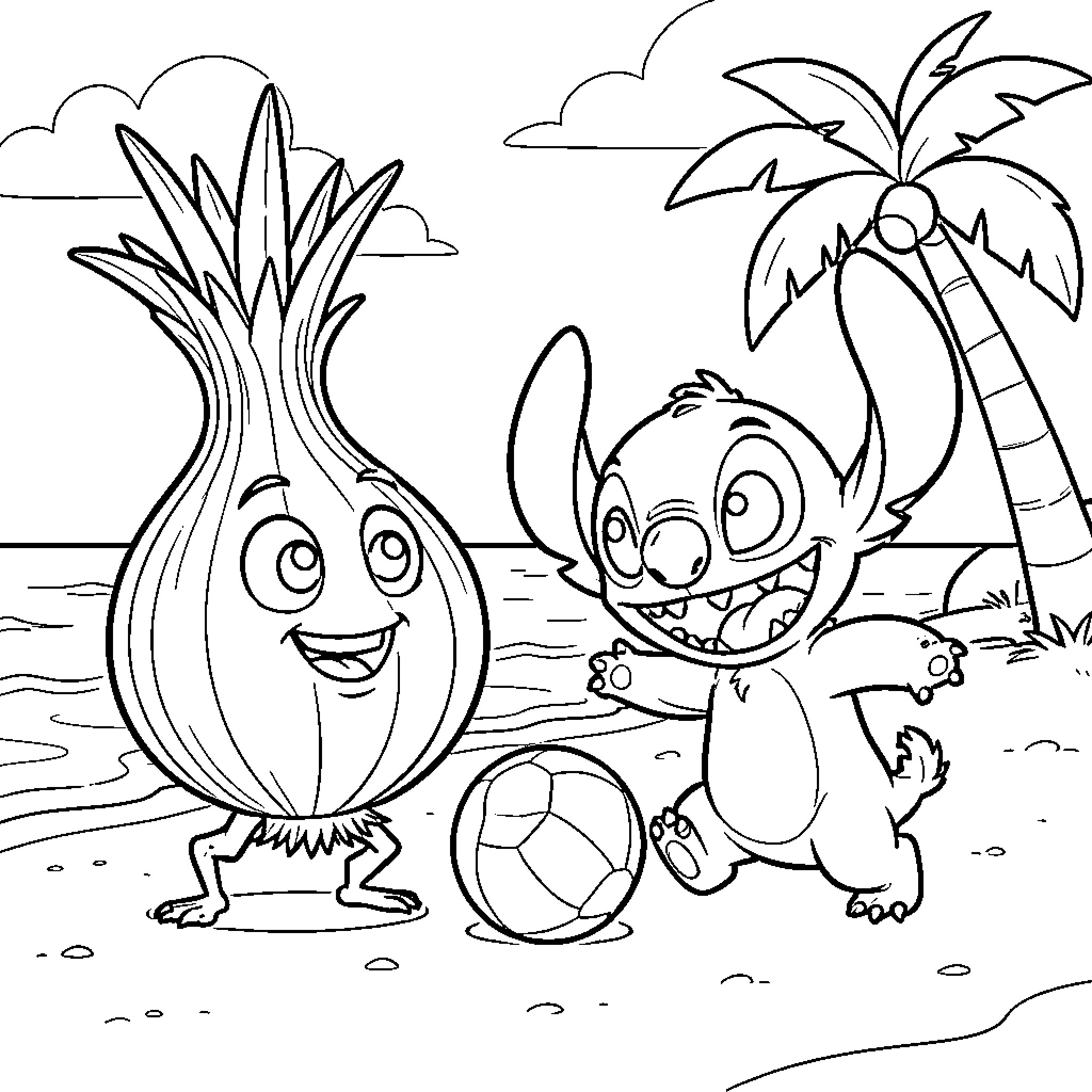 Onion and Stitch Playing on the Beach Coloring Page (free black-and-white line drawing printable PDF for all, from beginners to advanced learners, including children, teens, adults, and seniors)