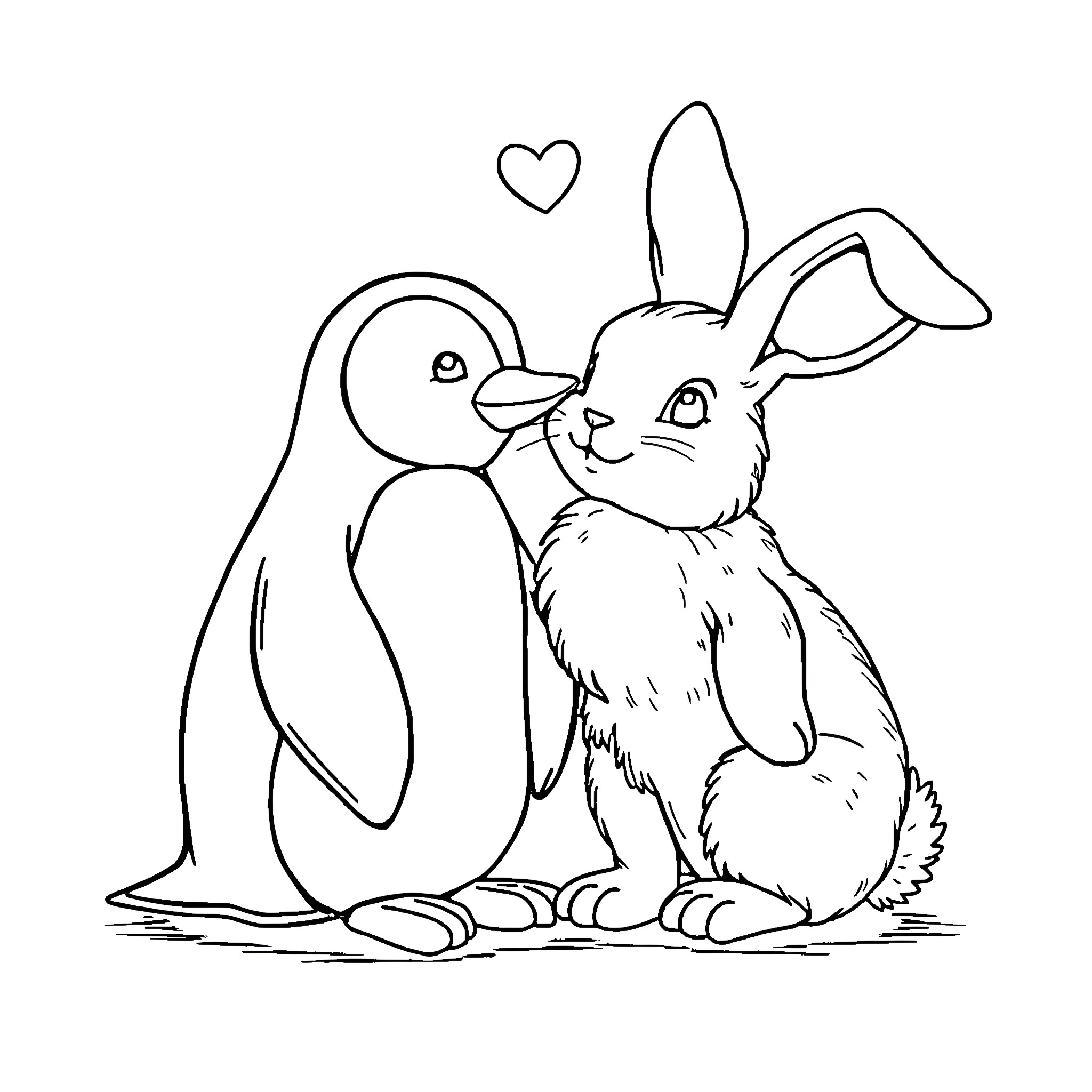 Penguin and Bunny in Affectionate Embrace Coloring Page (free black-and-white line drawing printable PDF for all, from beginners to advanced learners, including children, teens, adults, and seniors)
