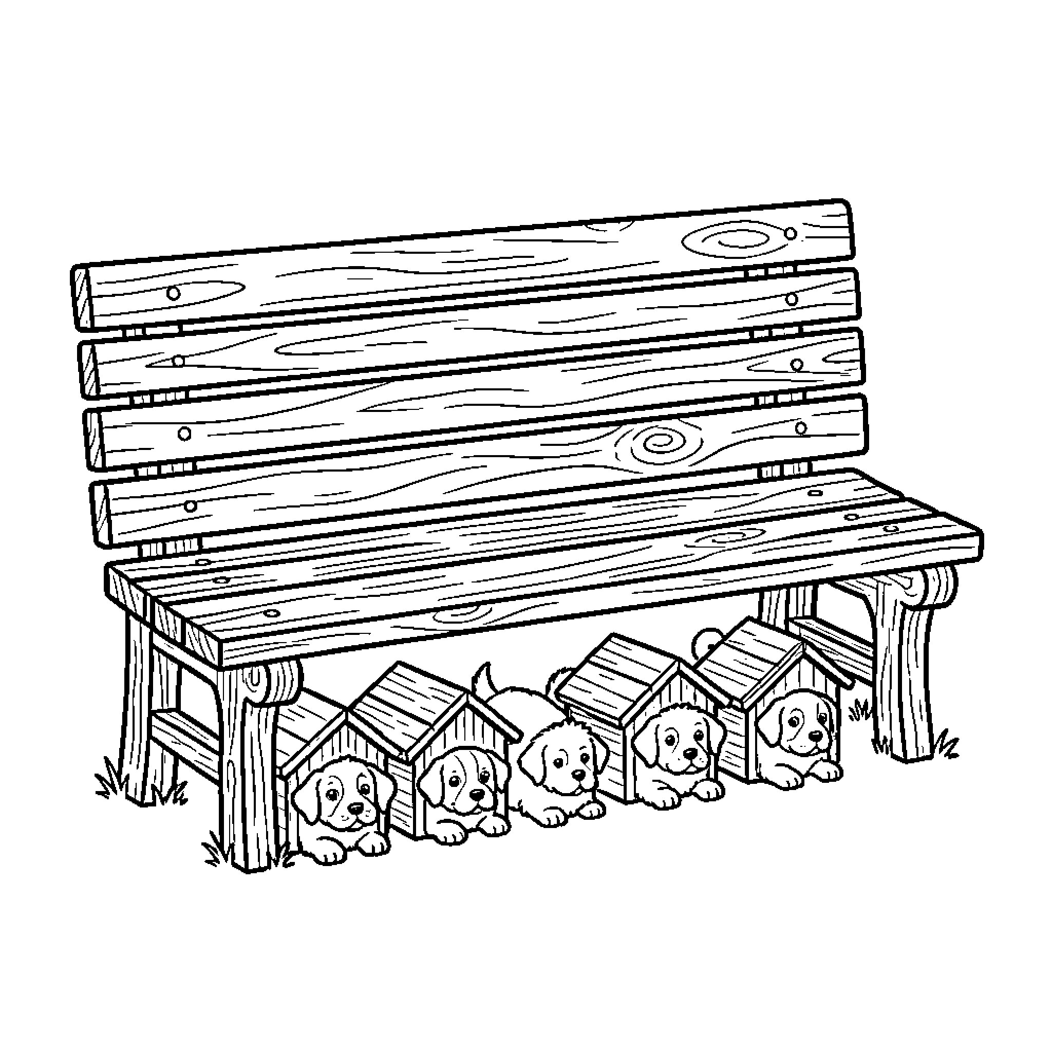 Perro puppies playing under wooden bench Coloring Page (free black-and-white line drawing printable PDF for all, from beginners to advanced learners, including children, teens, adults, and seniors)