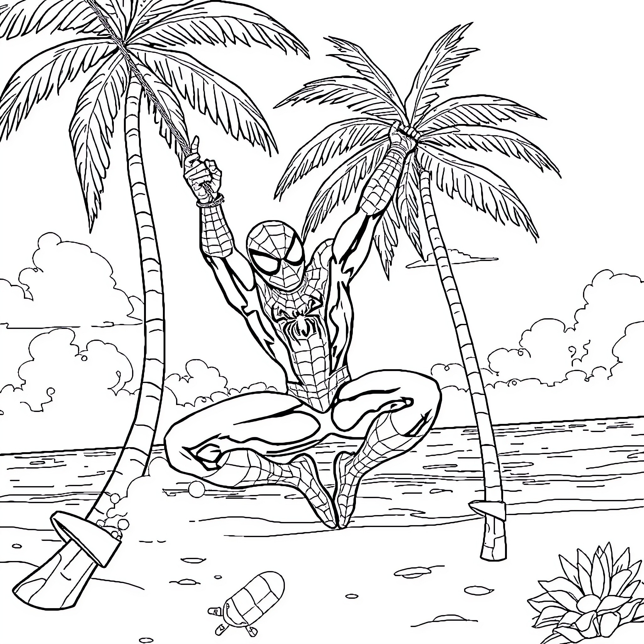 Spiderman heroically swinging on palm trees by the beach Coloring Page (free black-and-white line drawing printable PDF for all, from beginners to advanced learners, including children, teens, adults, and seniors)