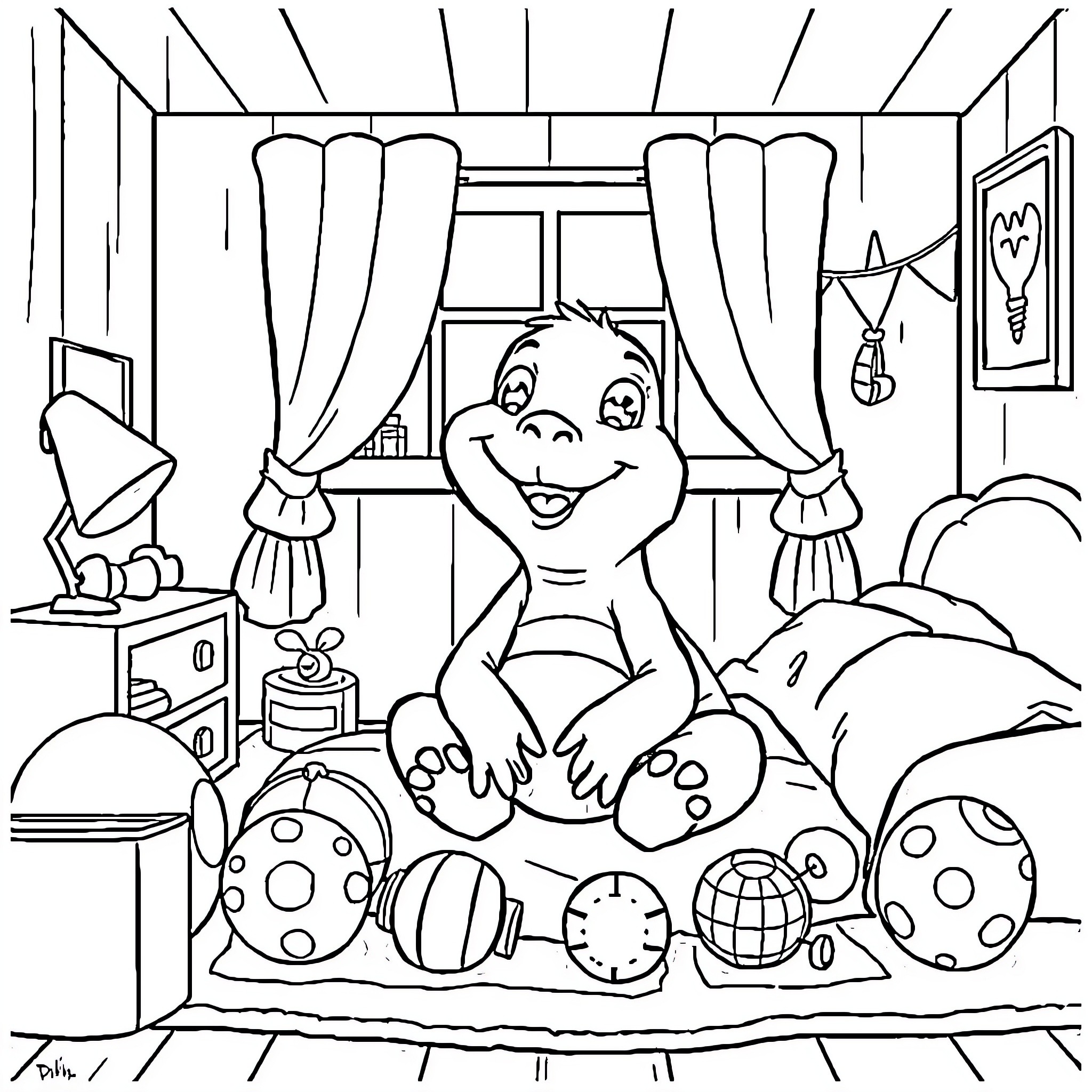 Meerkat relaxing in cozy bedroom Coloring Page (free black-and-white line drawing printable PDF for all, from beginners to advanced learners, including children, teens, adults, and seniors)