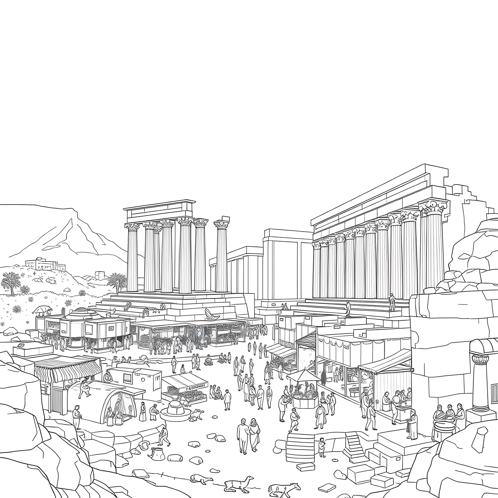 Ancient Life in a Bustling Marketplace Coloring Page (free black-and-white line drawing printable PDF for all, from beginners to advanced learners, including children, teens, adults, and seniors)