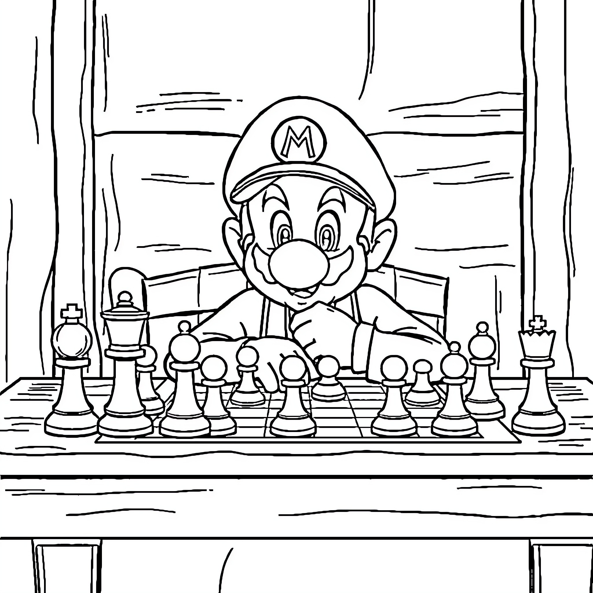 Mario playing chess in a room Coloring Page (free black-and-white line drawing printable PDF for all, from beginners to advanced learners, including children, teens, adults, and seniors)