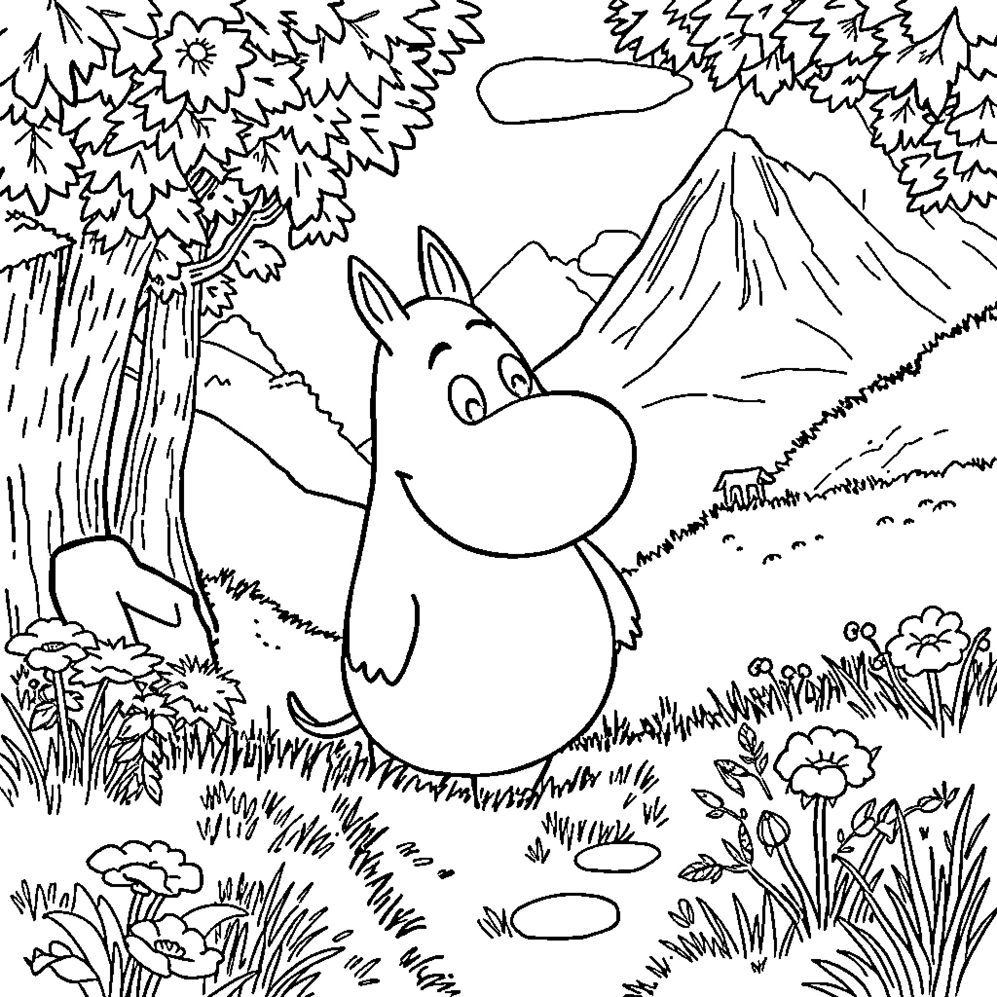 Moomin exploring the scenic landscape Coloring Page (free black-and-white line drawing printable PDF for all, from beginners to advanced learners, including children, teens, adults, and seniors)