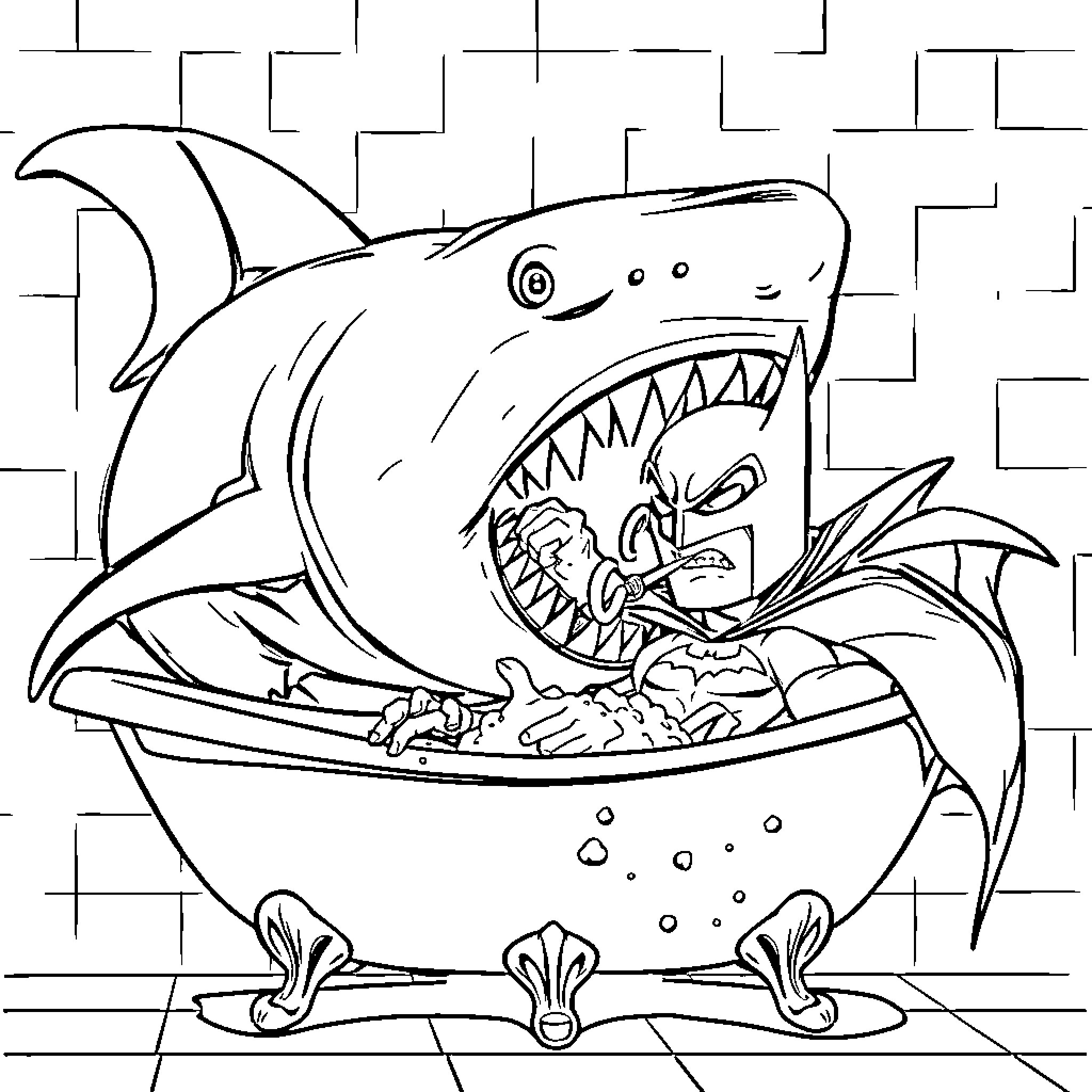 Shark taking a bath Coloring Page (free black-and-white line drawing printable PDF for all, from beginners to advanced learners, including children, teens, adults, and seniors)