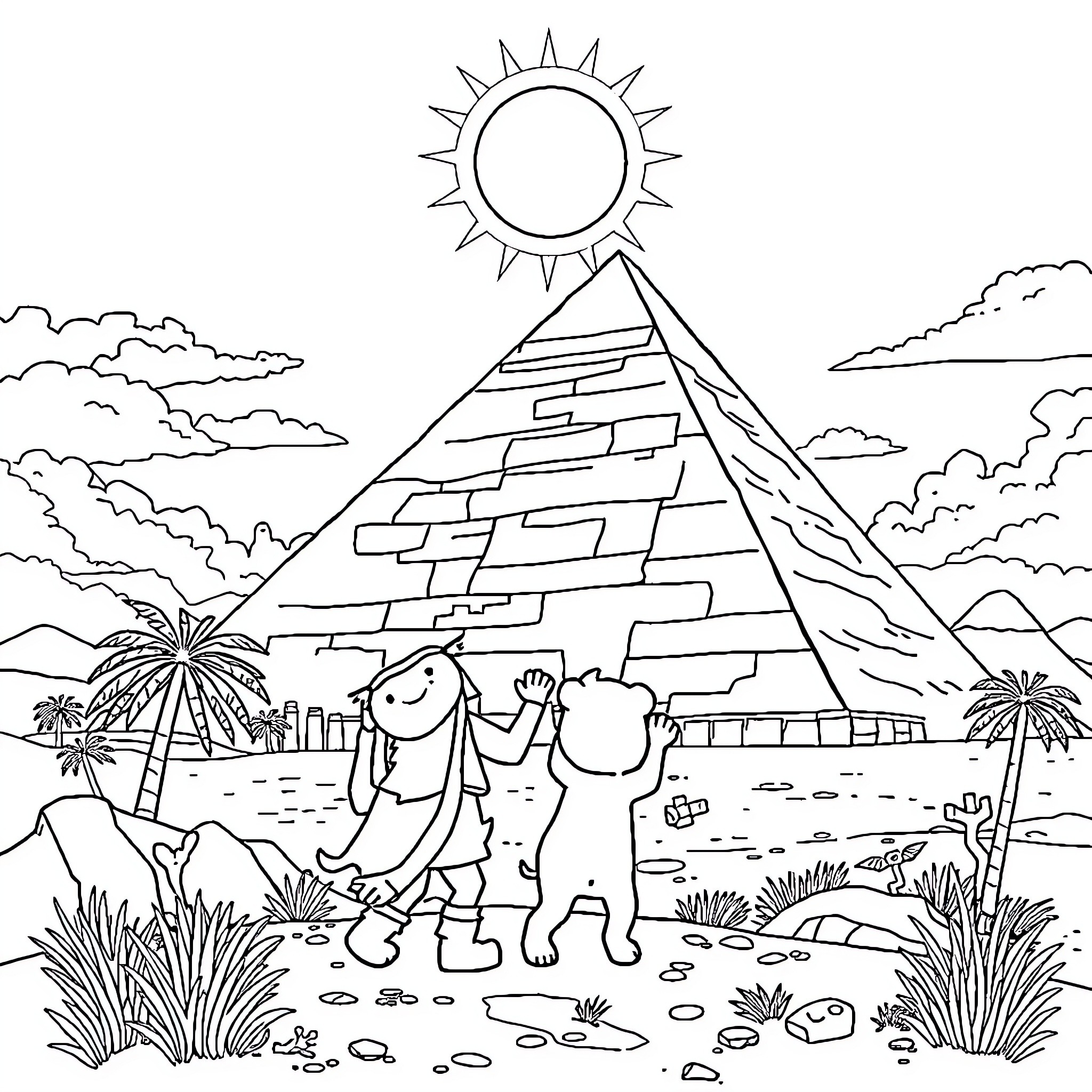 Bluey's Egyptian Adventure Coloring Page (free black-and-white line drawing printable PDF for all, from beginners to advanced learners, including children, teens, adults, and seniors)