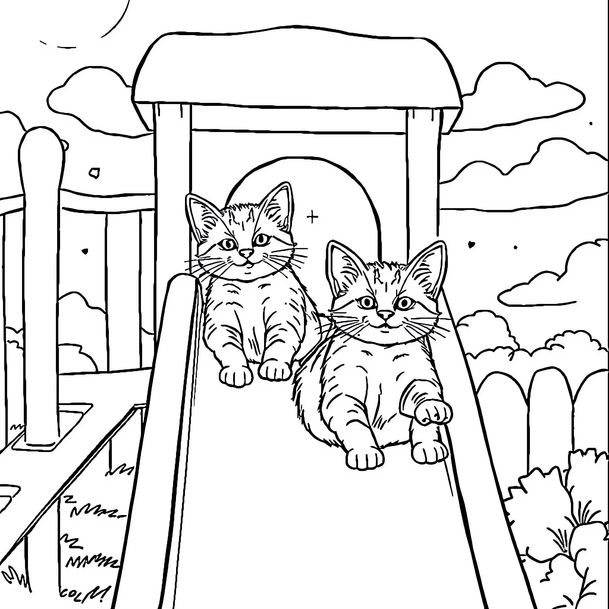 Cat Kittens Sitting on Swing in Outdoor Scene Coloring Page (free black-and-white line drawing printable PDF for all, from beginners to advanced learners, including children, teens, adults, and seniors)