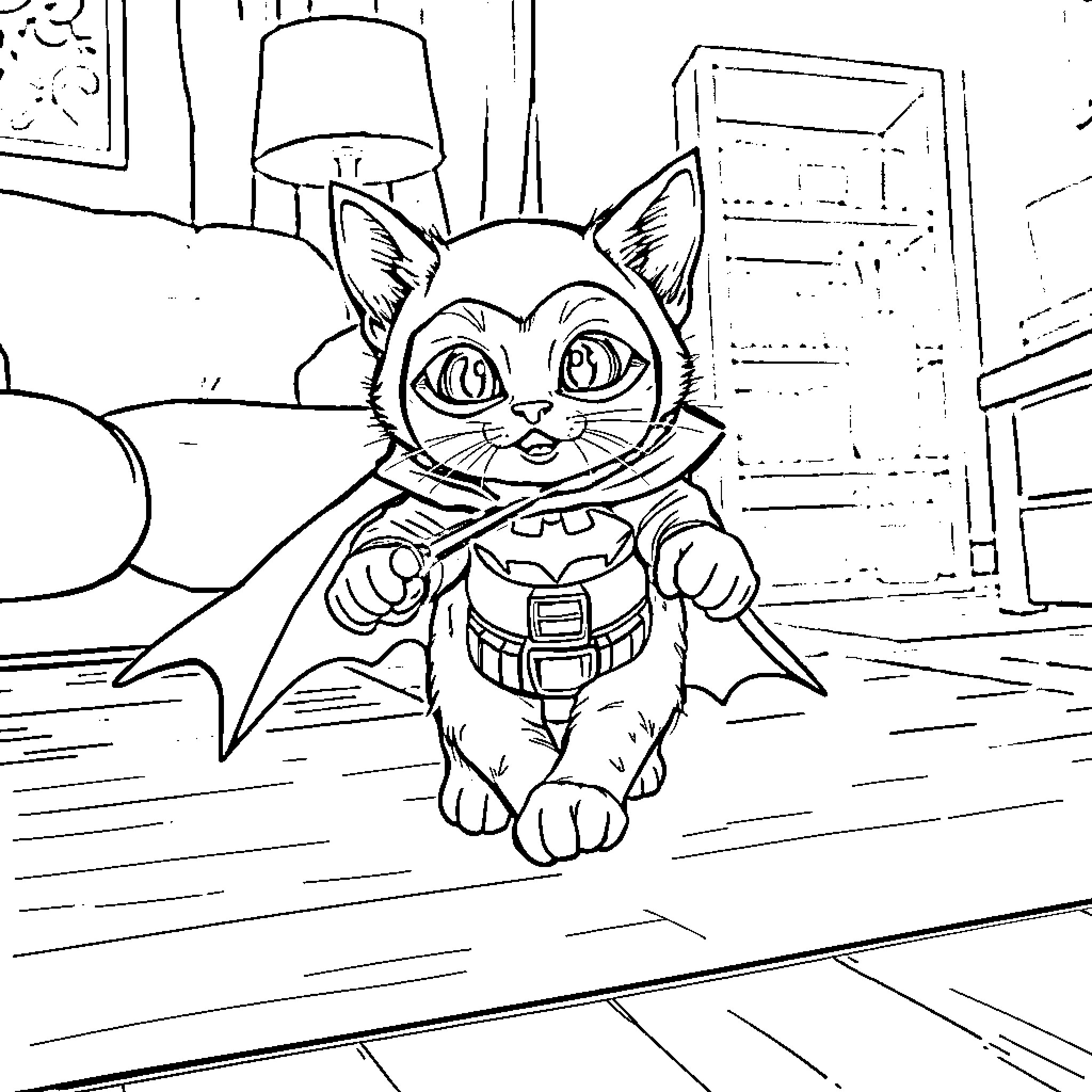 Cat superhero in an indoor scene Coloring Page (free black-and-white line drawing printable PDF for all, from beginners to advanced learners, including children, teens, adults, and seniors)