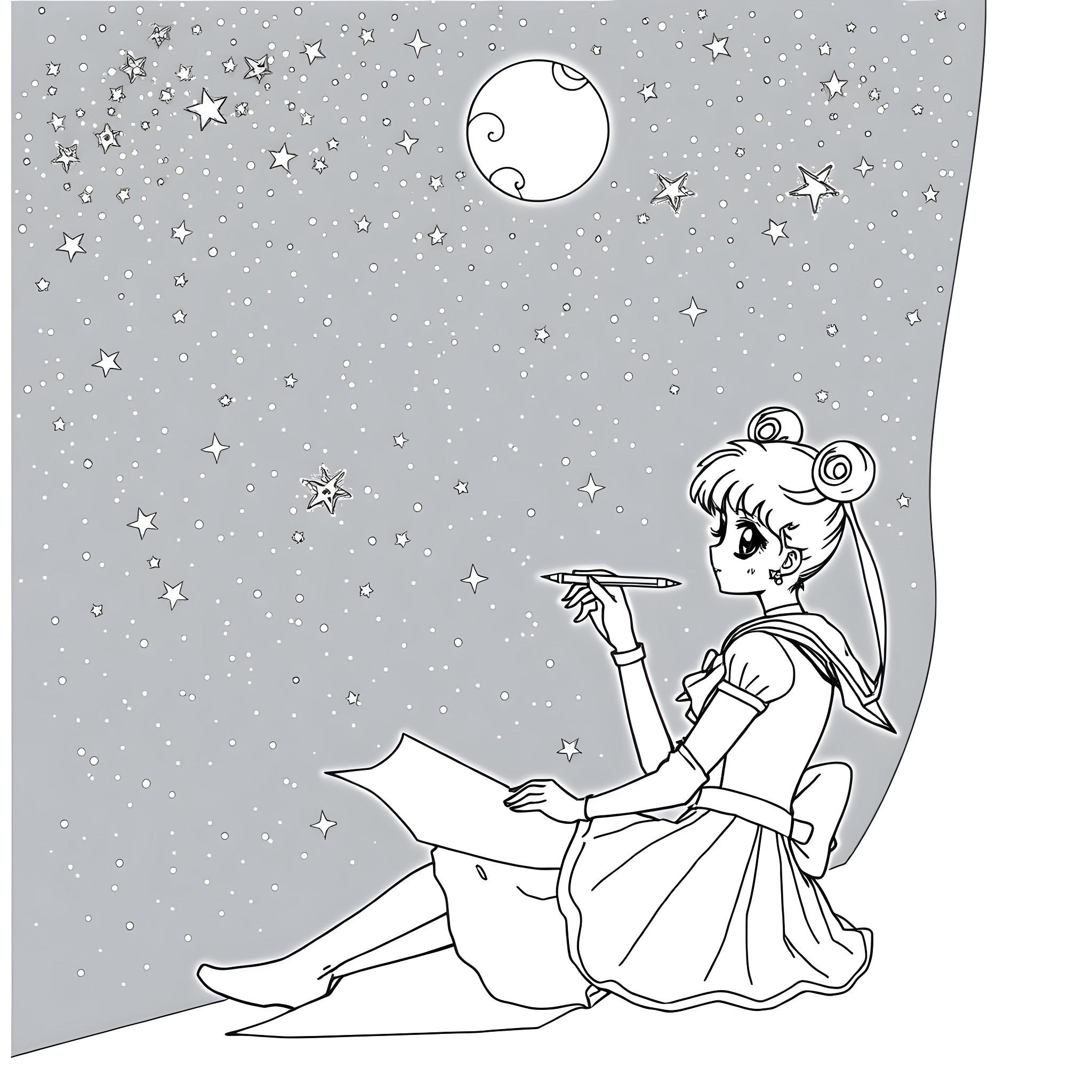 Sailor Moon gazing at the starry night sky Coloring Page (free black-and-white line drawing printable PDF for all, from beginners to advanced learners, including children, teens, adults, and seniors)