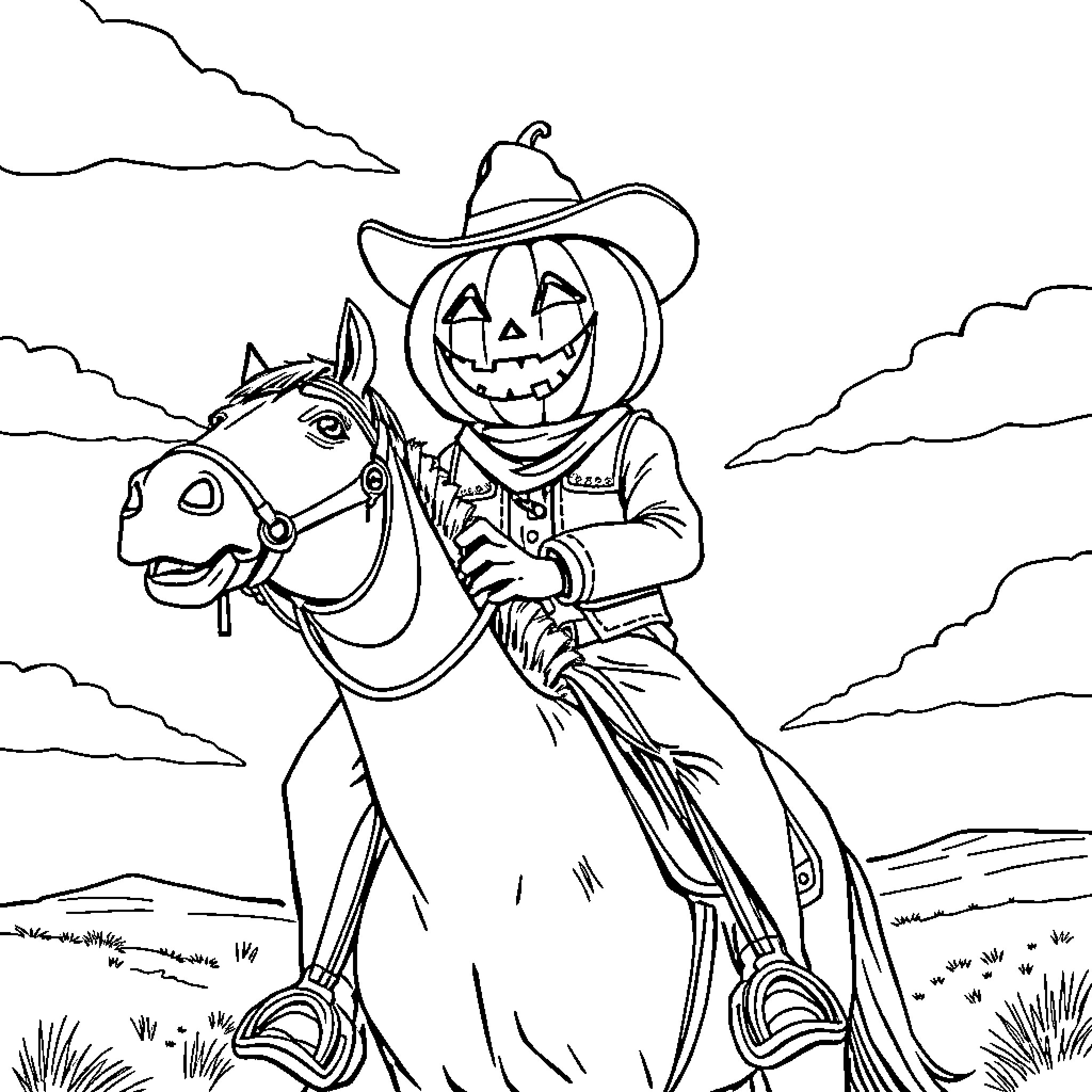 Cowboy riding a horse with pumpkin head Coloring Page (free black-and-white line drawing printable PDF for all, from beginners to advanced learners, including children, teens, adults, and seniors)