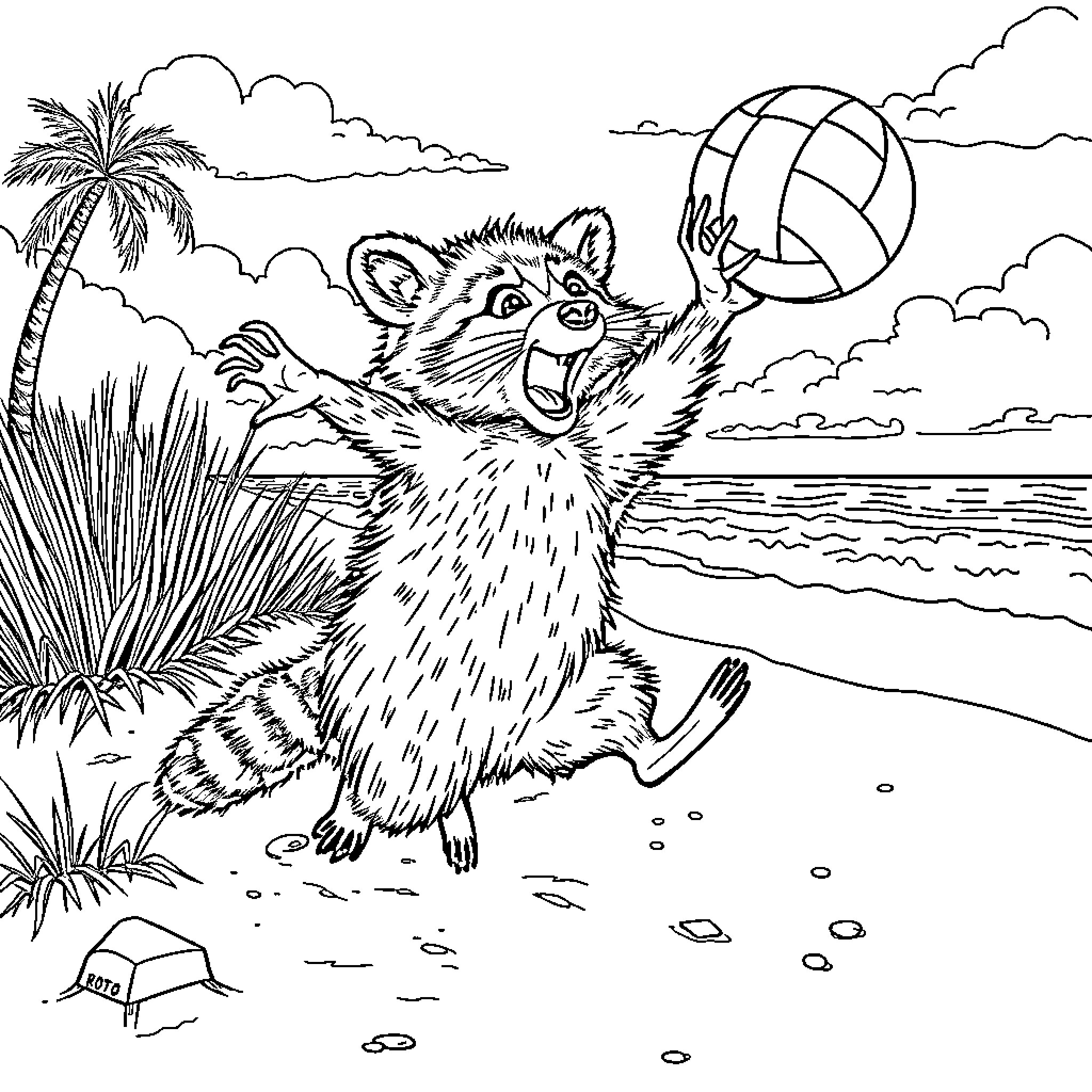 Raccoon playing joyfully with a volleyball on the beach Coloring Page (free black-and-white line drawing printable PDF for all, from beginners to advanced learners, including children, teens, adults, and seniors)