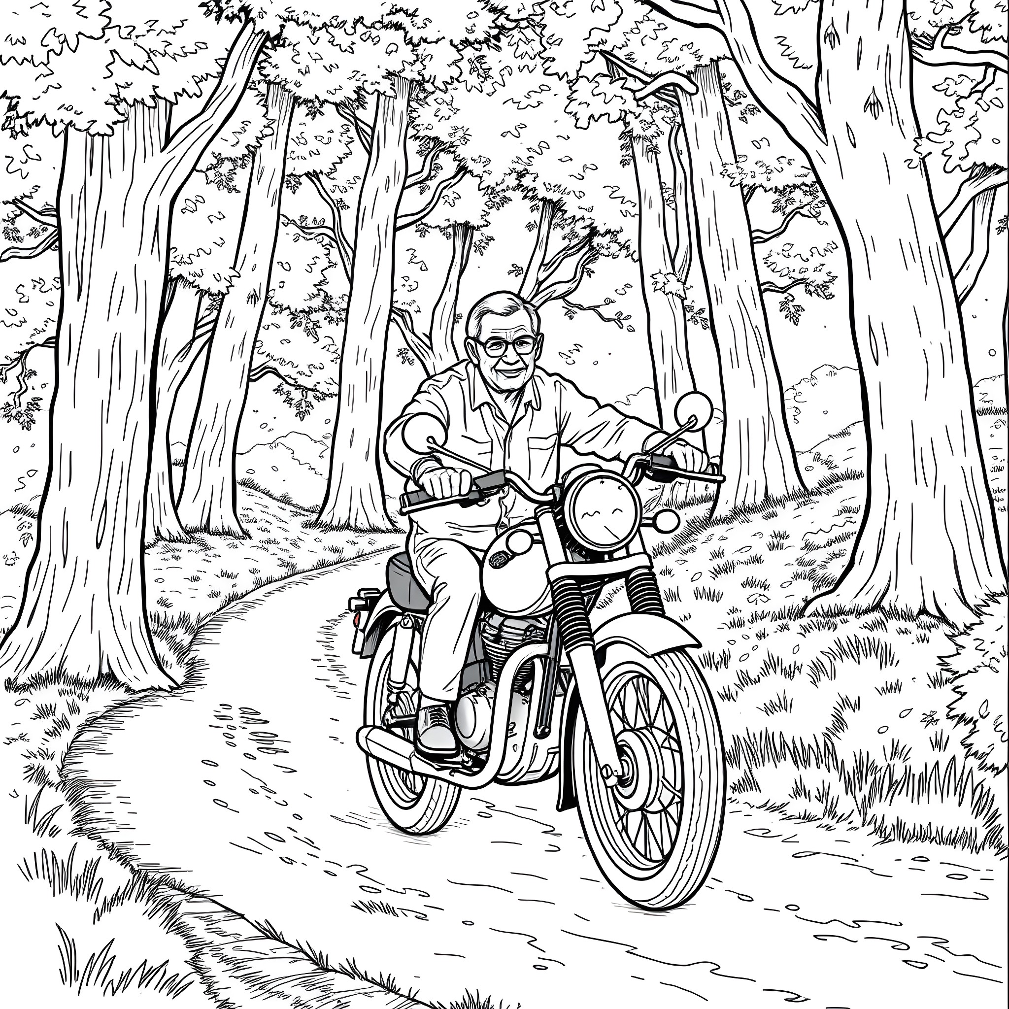 Man riding motorcycle through forested road Coloring Page (free black-and-white line drawing printable PDF for all, from beginners to advanced learners, including children, teens, adults, and seniors)