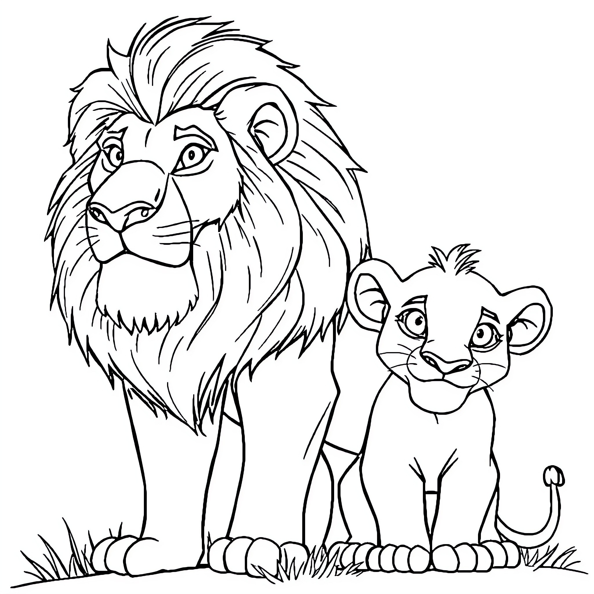 Lion and cub in the wild Coloring Page (free black-and-white line drawing printable PDF for all, from beginners to advanced learners, including children, teens, adults, and seniors)