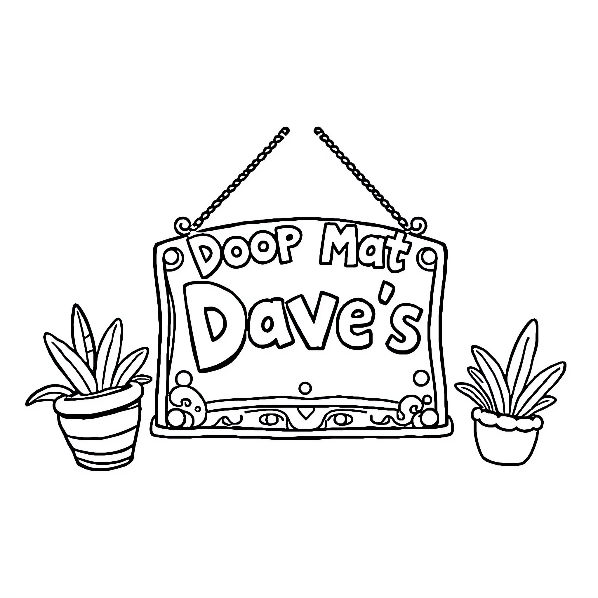 Dave's Playful Door Mat Decor Coloring Page (free black-and-white line drawing printable PDF for all, from beginners to advanced learners, including children, teens, adults, and seniors)