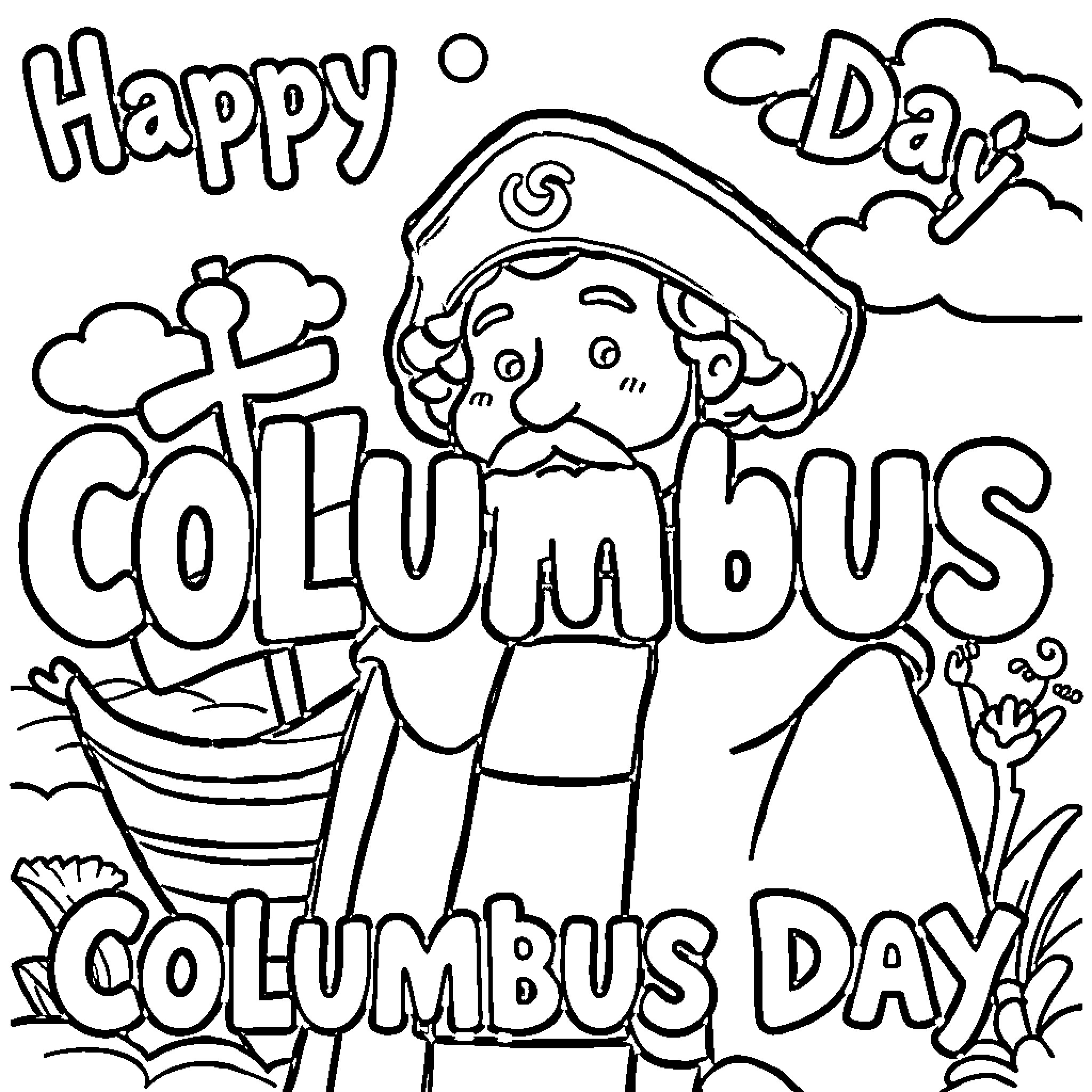Christopher Columbus celebrating Columbus Day with joy and excitement Coloring Page (free black-and-white line drawing printable PDF for all, from beginners to advanced learners, including children, teens, adults, and seniors)