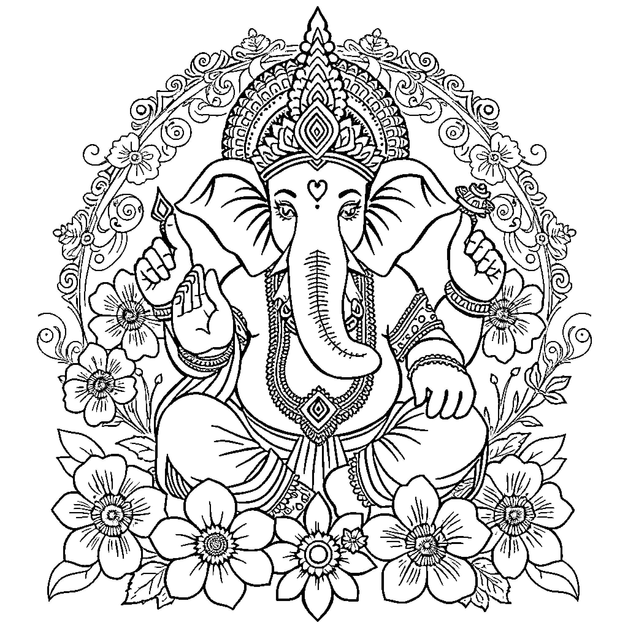 Ganesha surrounded by intricate floral patterns Coloring Page (free black-and-white line drawing printable PDF for all, from beginners to advanced learners, including children, teens, adults, and seniors)