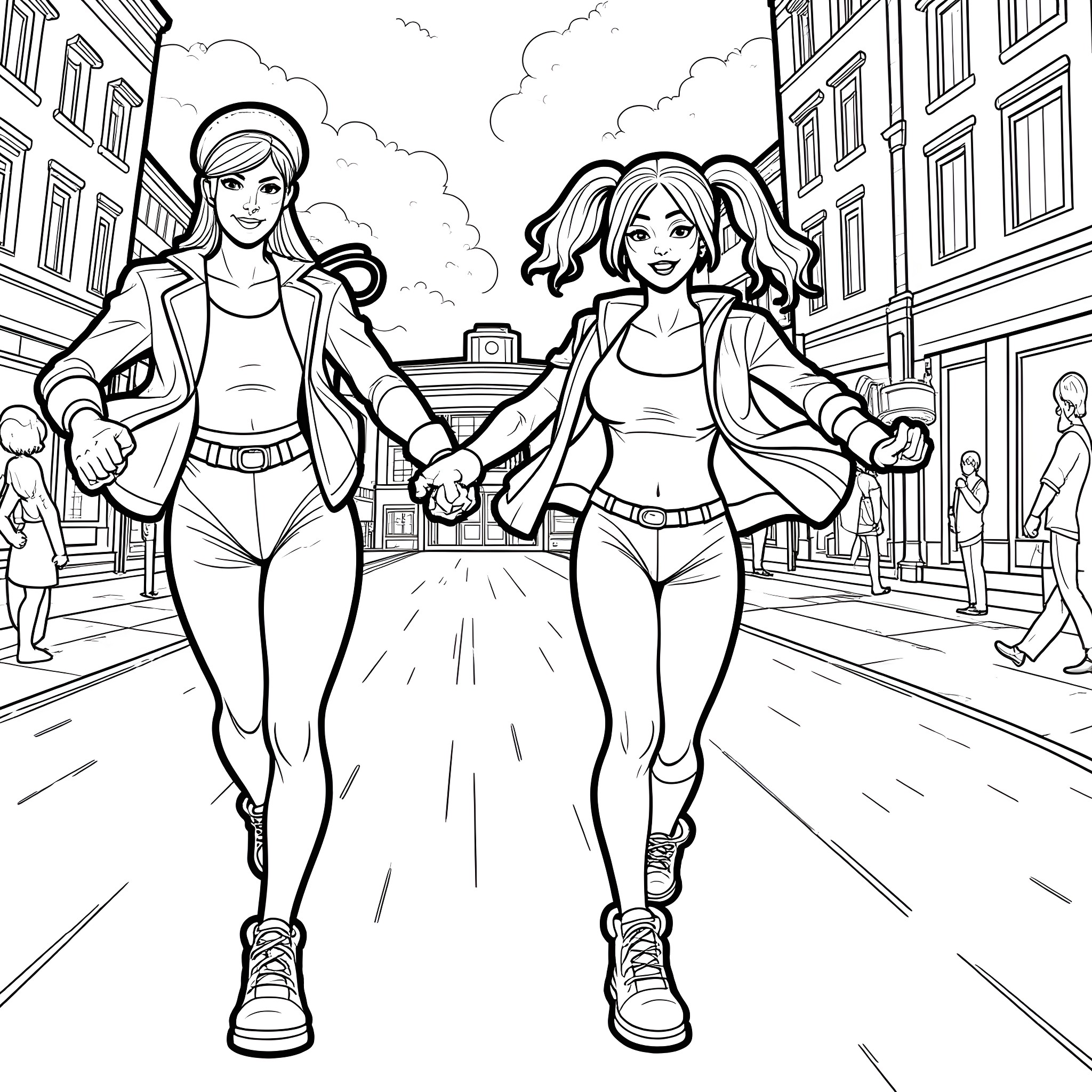 Harley Quinn and Poison Ivy walking confidently down the street Coloring Page (free black-and-white line drawing printable PDF for all, from beginners to advanced learners, including children, teens, adults, and seniors)