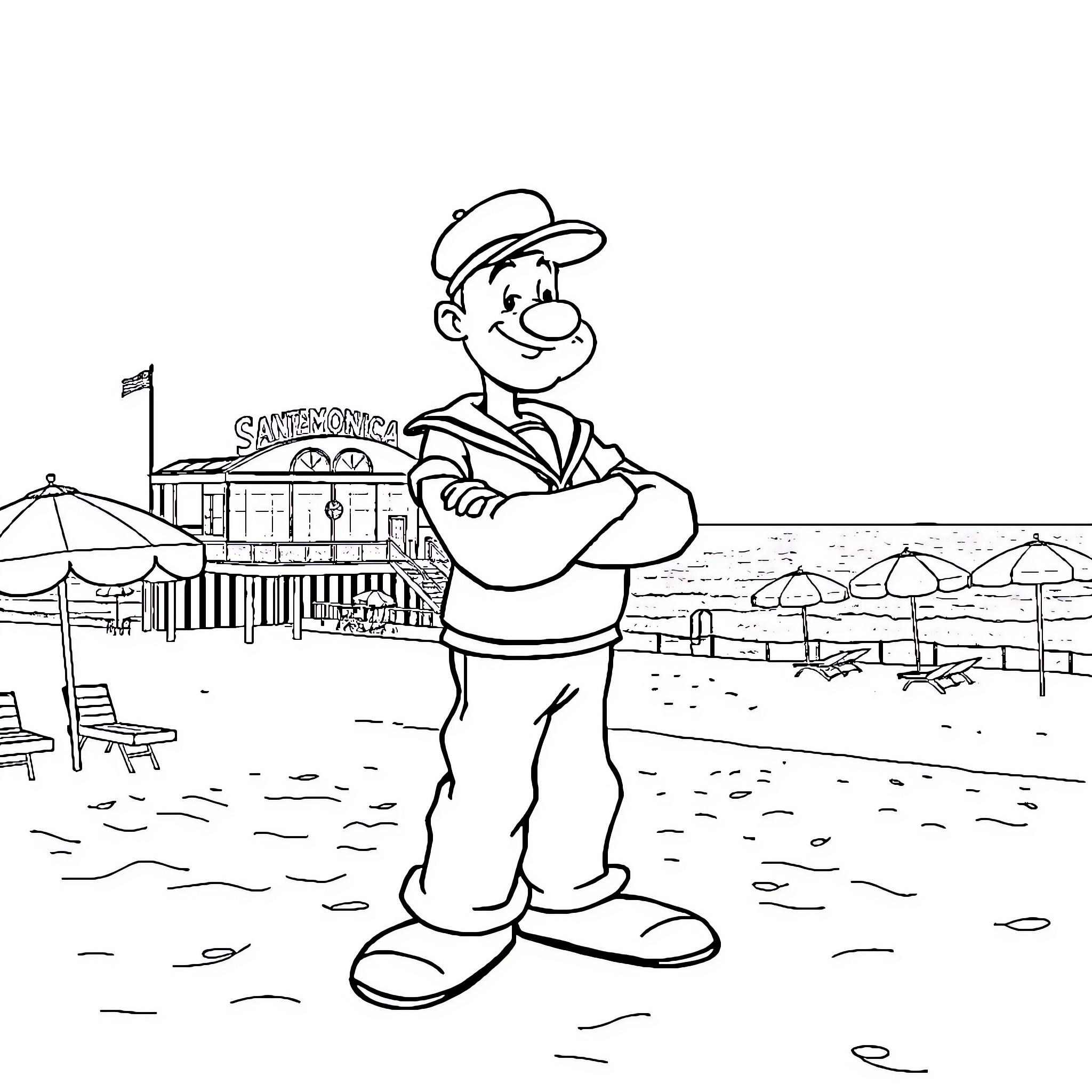 Popeye standing confidently at the beach Coloring Page (free black-and-white line drawing printable PDF for all, from beginners to advanced learners, including children, teens, adults, and seniors)