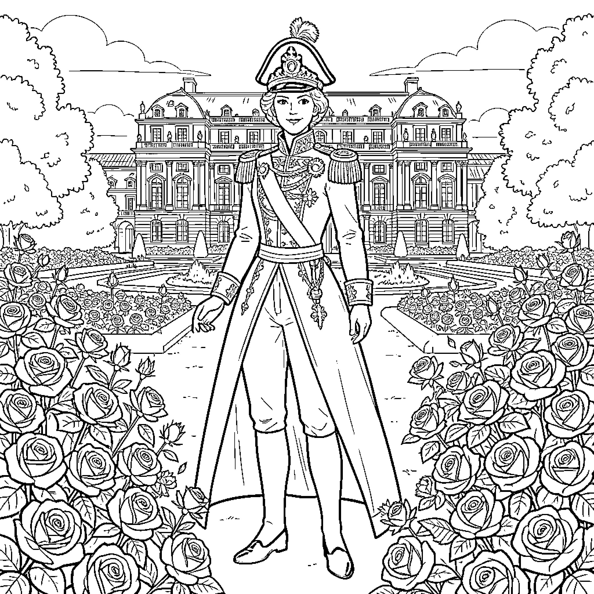 Lady Oscar in a grand palace garden Coloring Page (free black-and-white line drawing printable PDF for all, from beginners to advanced learners, including children, teens, adults, and seniors)