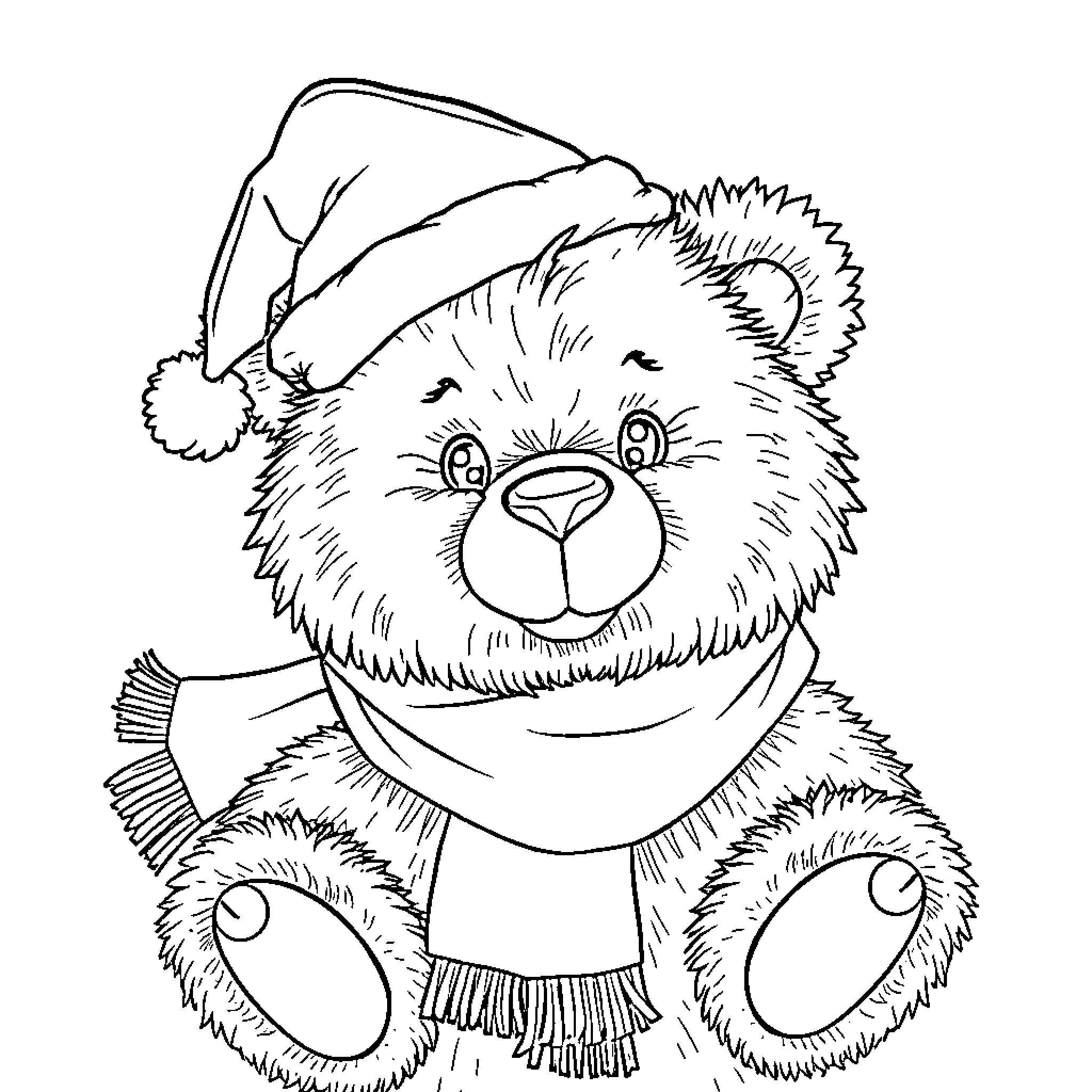 Teddy Bear in Winter Outfit Coloring Page (free black-and-white line drawing printable PDF for all, from beginners to advanced learners, including children, teens, adults, and seniors)