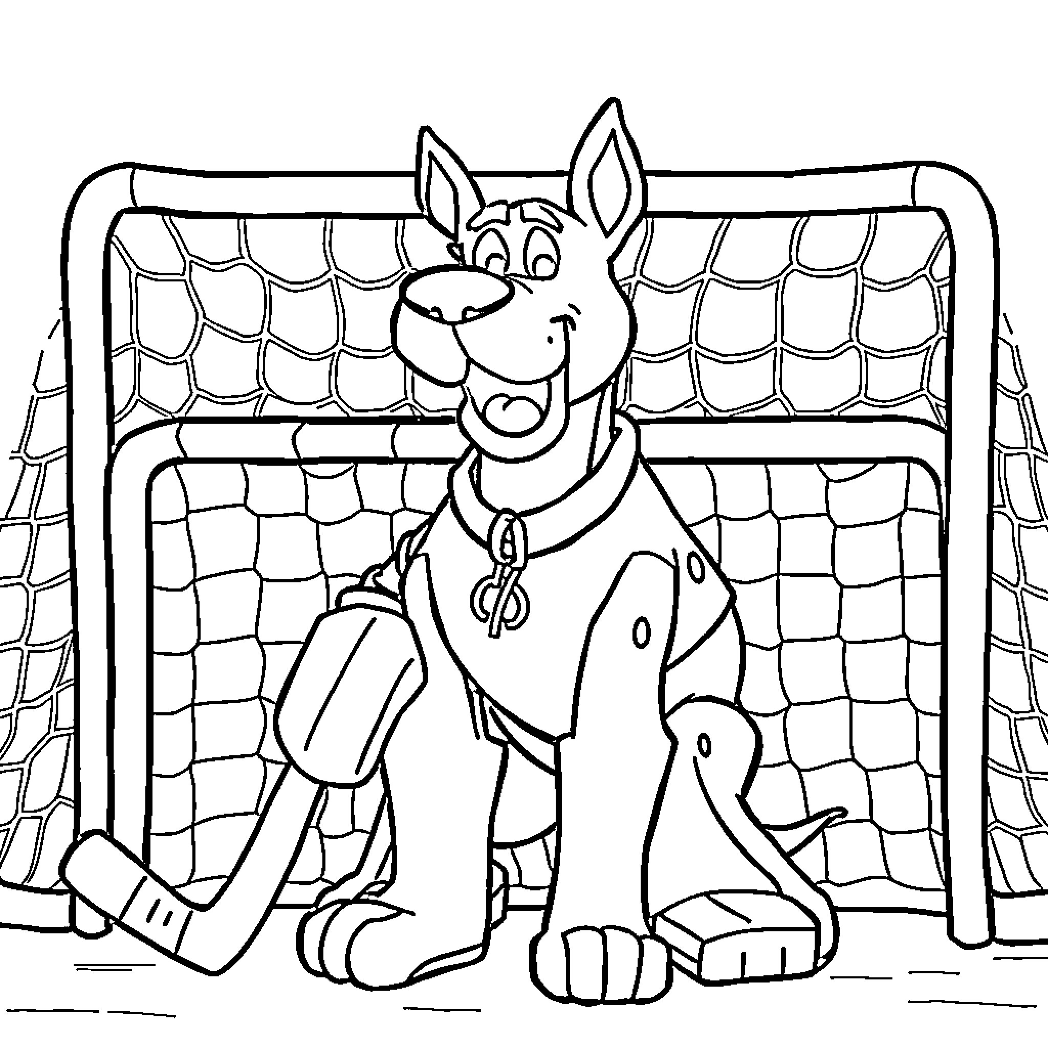 Scooby Doo playing soccer near the goal post Coloring Page (free black-and-white line drawing printable PDF for all, from beginners to advanced learners, including children, teens, adults, and seniors)