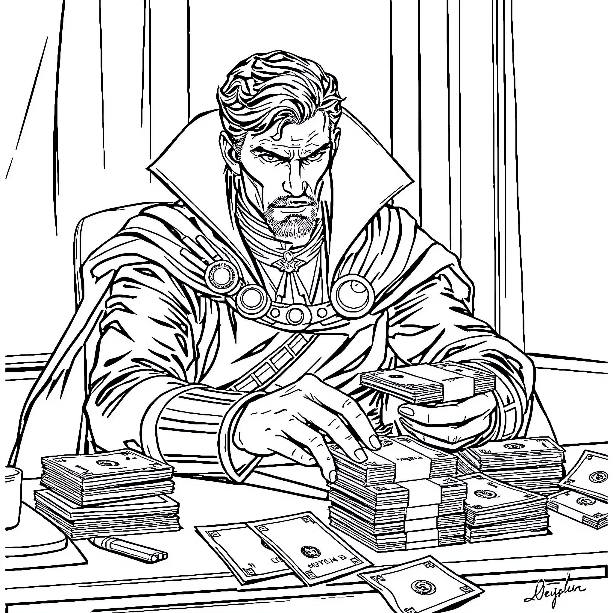 Doctor Strange's Mystical Dealings and Contemplations Coloring Page (free black-and-white line drawing printable PDF for all, from beginners to advanced learners, including children, teens, adults, and seniors)