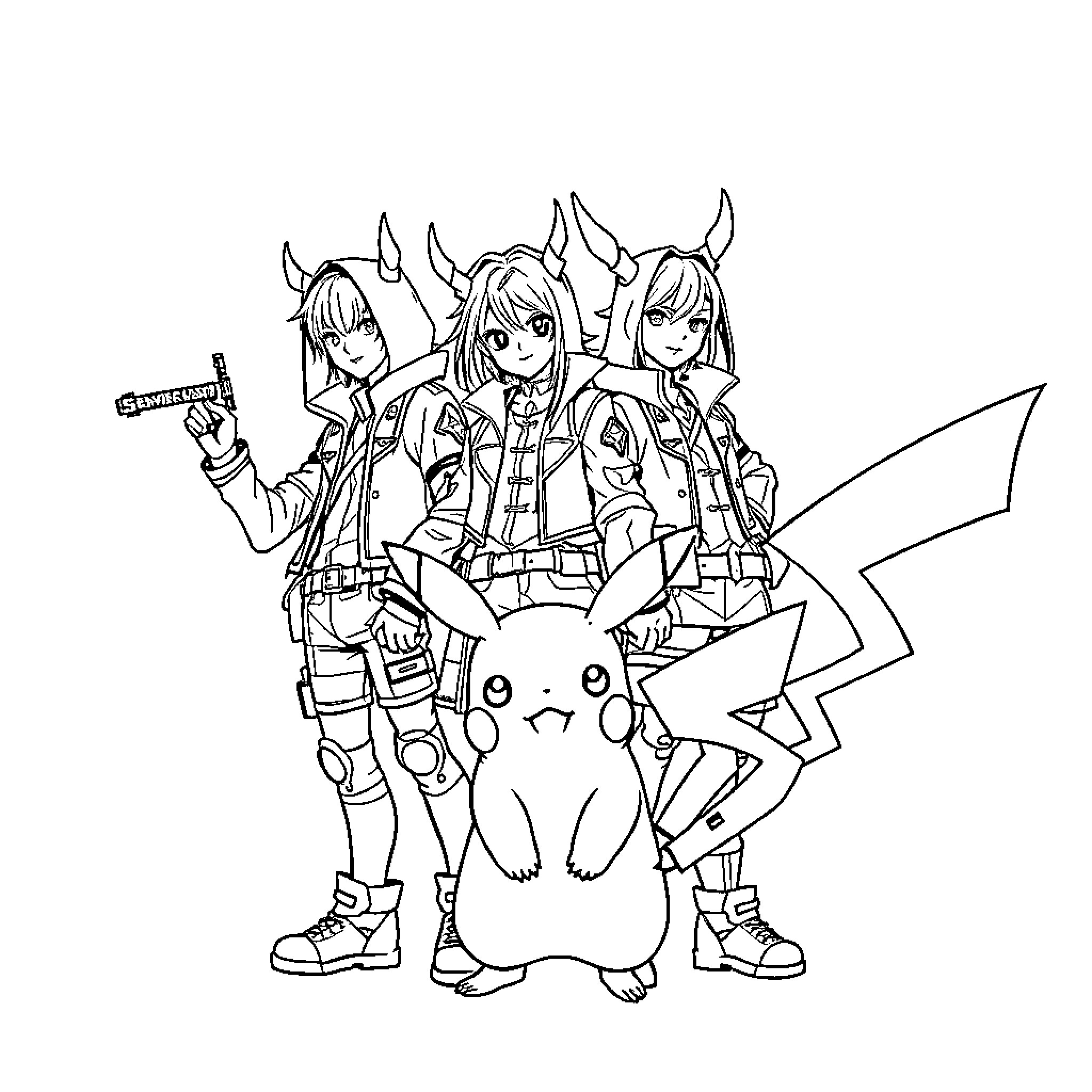Kpop Demon Hunter Team in Action Coloring Page (free black-and-white line drawing printable PDF for all, from beginners to advanced learners, including children, teens, adults, and seniors)