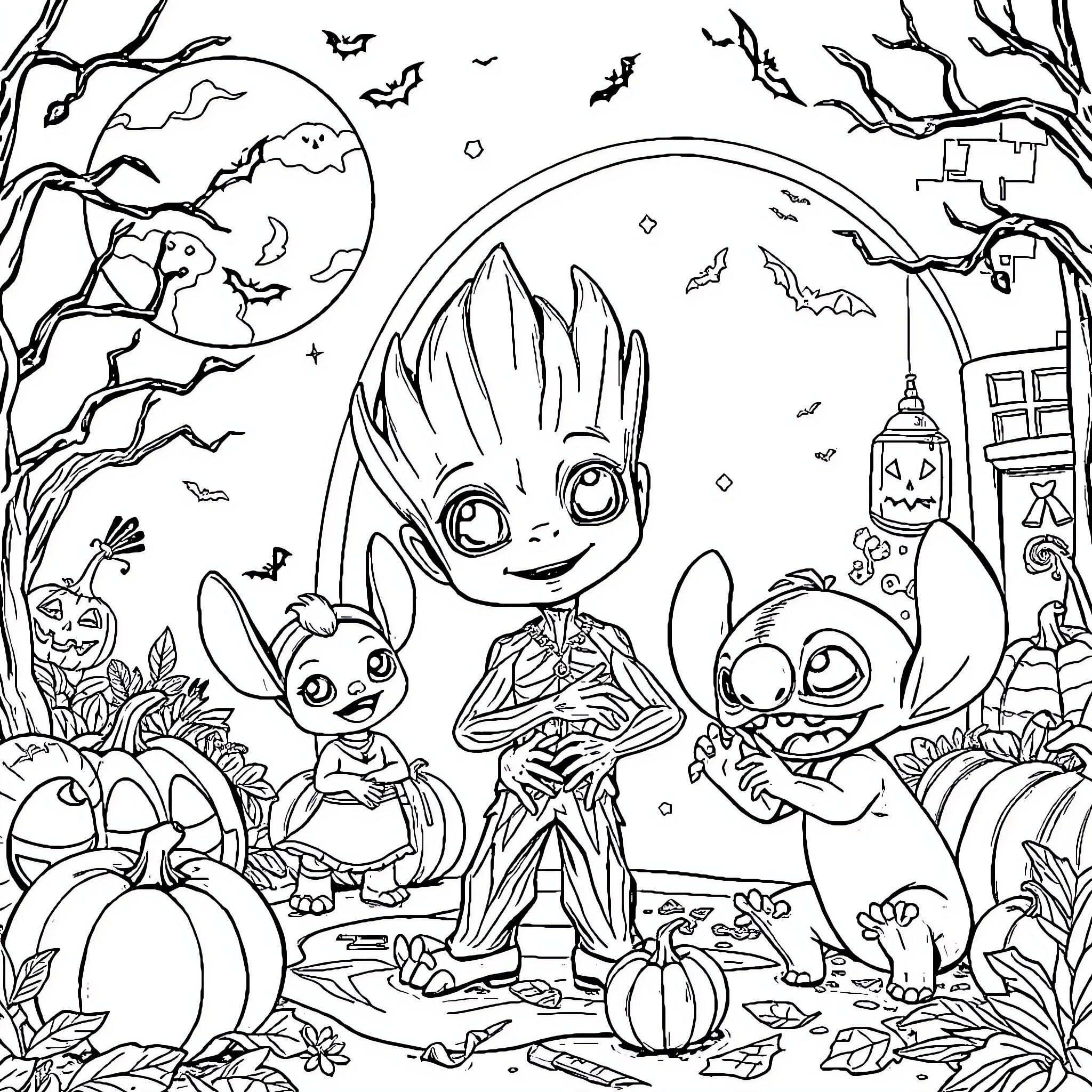 Groot and friends celebrate Halloween in a spooky scene Coloring Page (free black-and-white line drawing printable PDF for all, from beginners to advanced learners, including children, teens, adults, and seniors)
