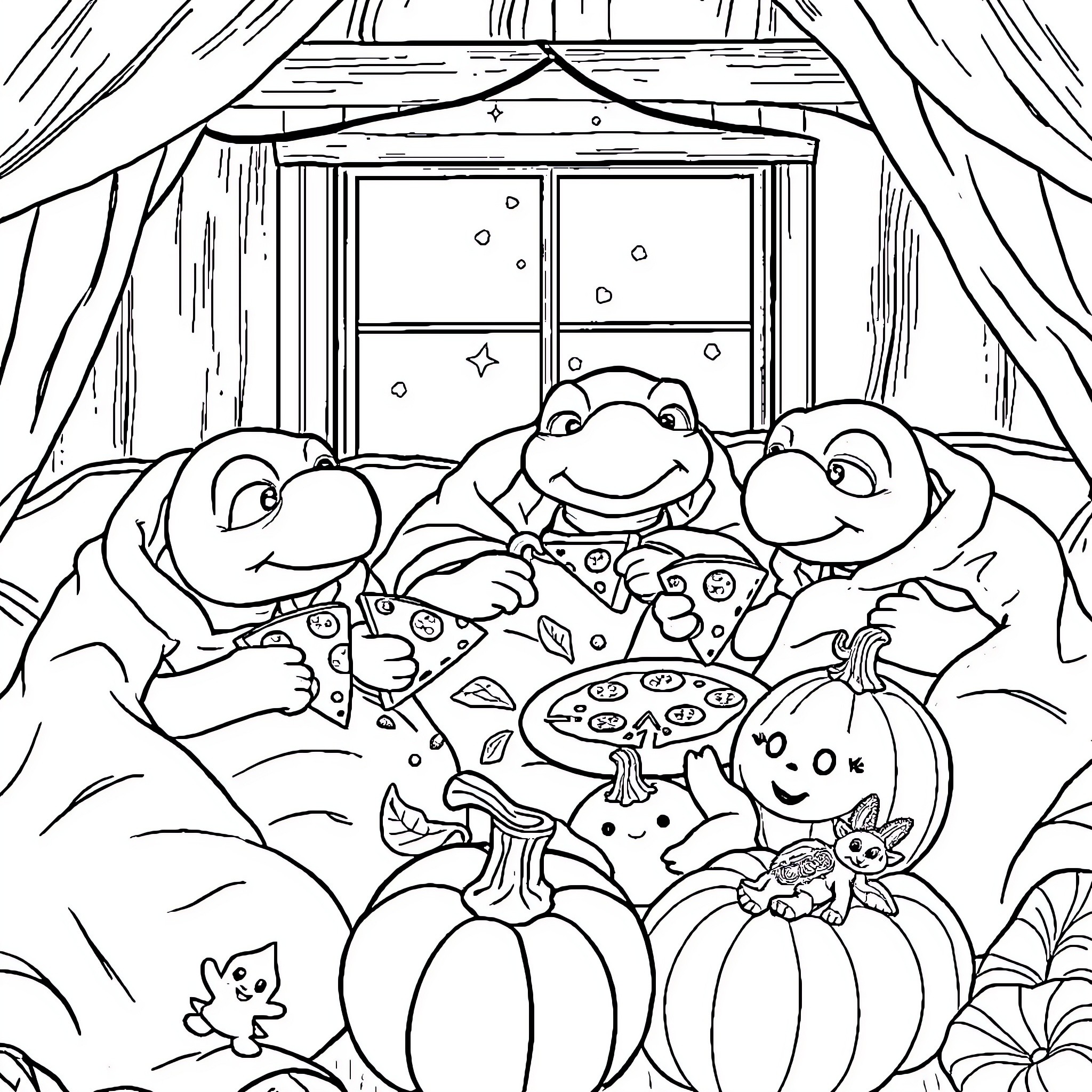 Turtle Friends Enjoying a Cozy Sleepover Coloring Page (free black-and-white line drawing printable PDF for all, from beginners to advanced learners, including children, teens, adults, and seniors)