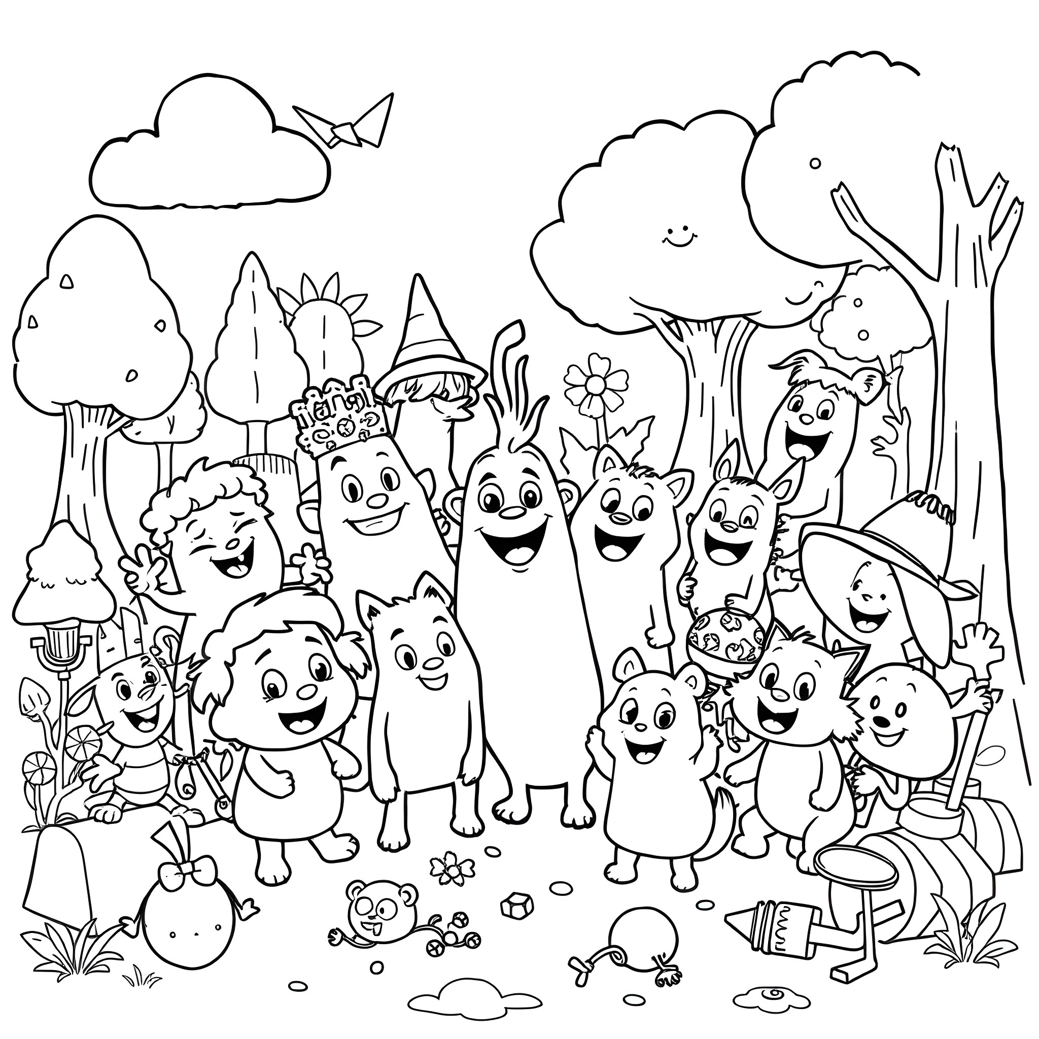 Bfdi Character Cartoon Scene with Happy Characters Coloring Page (free black-and-white line drawing printable PDF for all, from beginners to advanced learners, including children, teens, adults, and seniors)