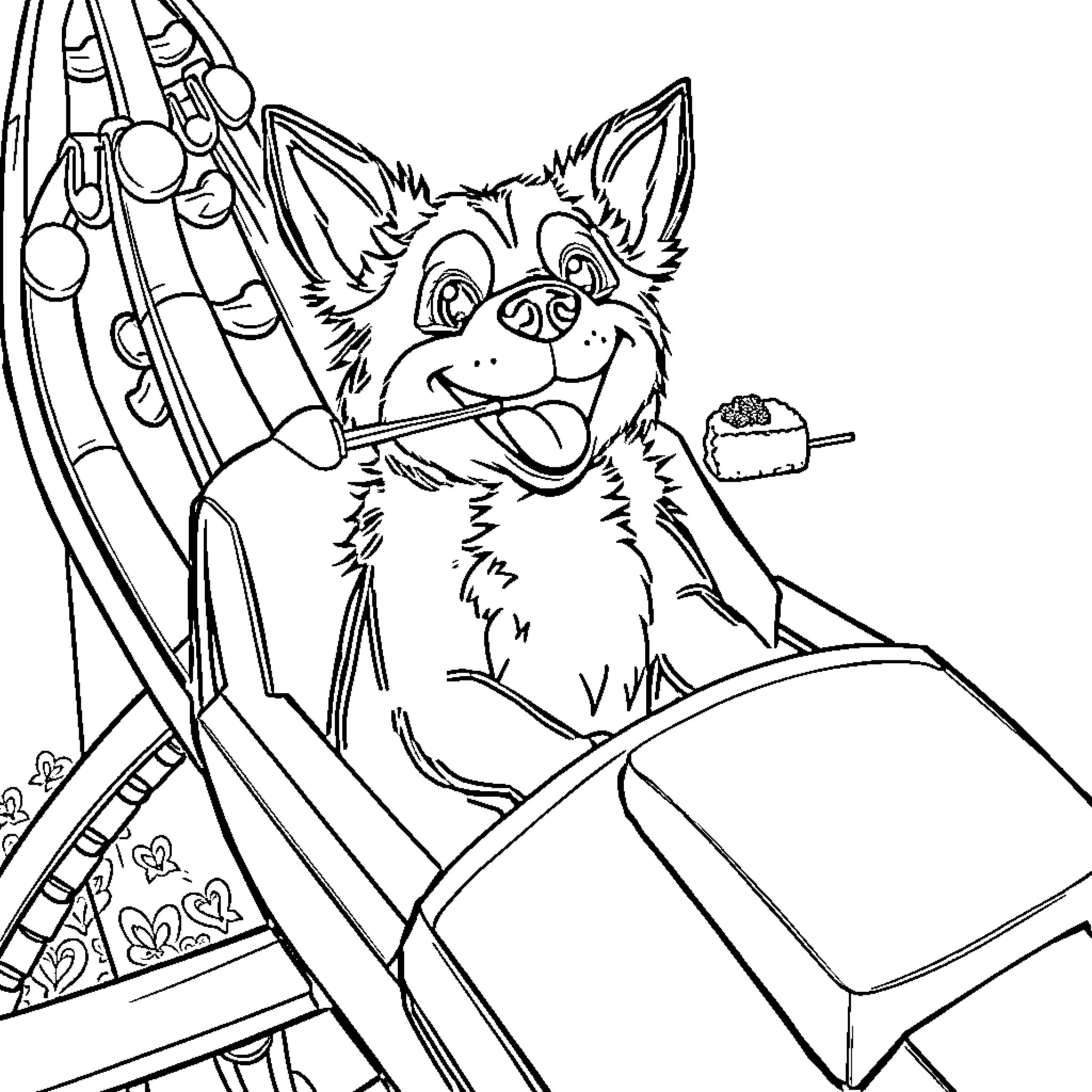 Dog enjoying a colorful art supplies Coloring Page (free black-and-white line drawing printable PDF for all, from beginners to advanced learners, including children, teens, adults, and seniors)