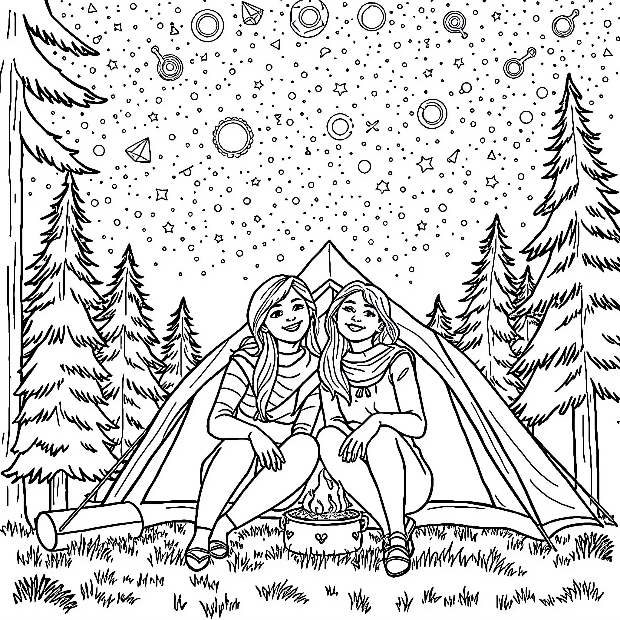 Women camping in the snowy forest at night Coloring Page (free black-and-white line drawing printable PDF for all, from beginners to advanced learners, including children, teens, adults, and seniors)